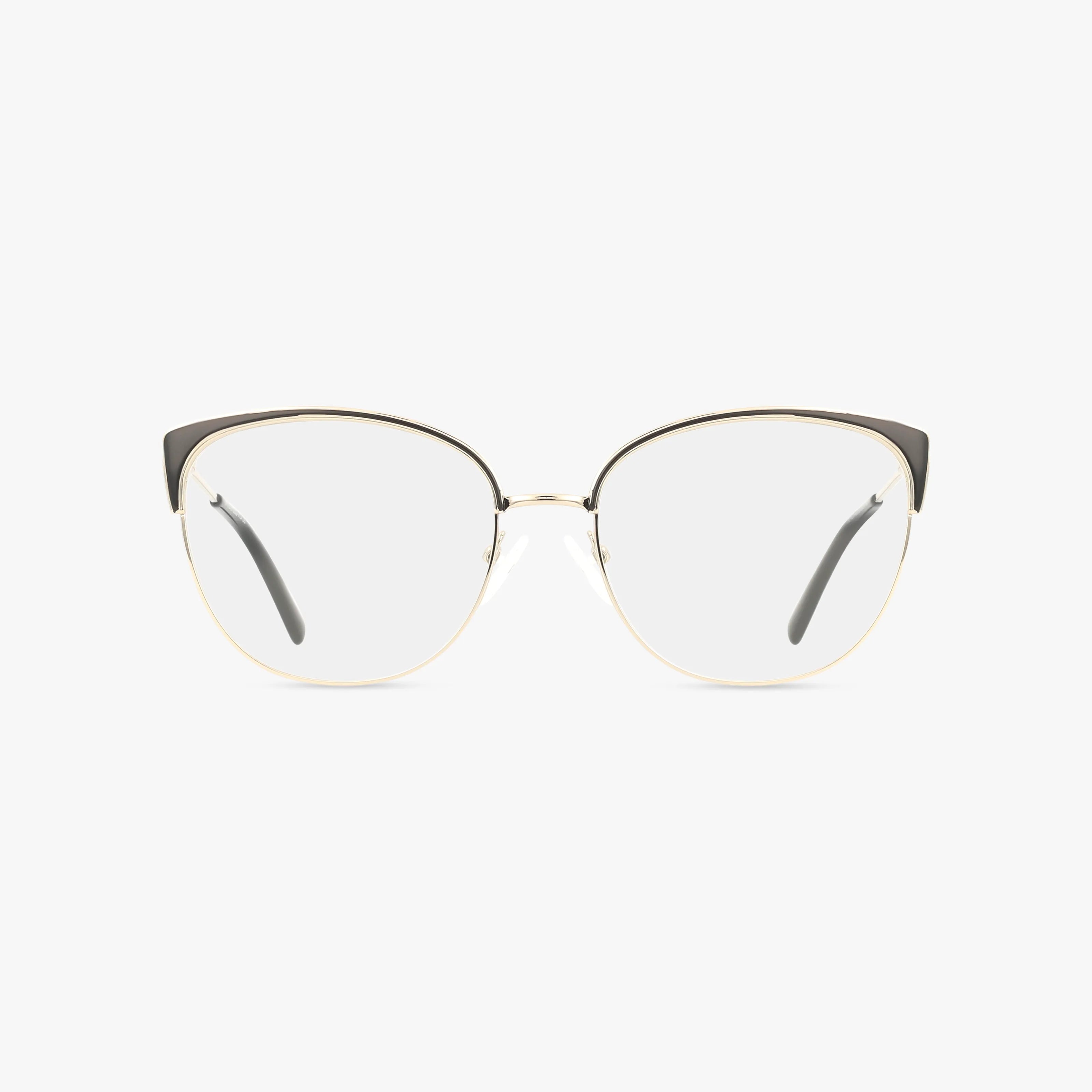 RAVENNA eyeglasses feature thin gold metal frames with black accents on the upper corners. Slim temples and dark tips give a bold, modern look, making them perfect for everyday wear. Shown front-facing against a plain white background.