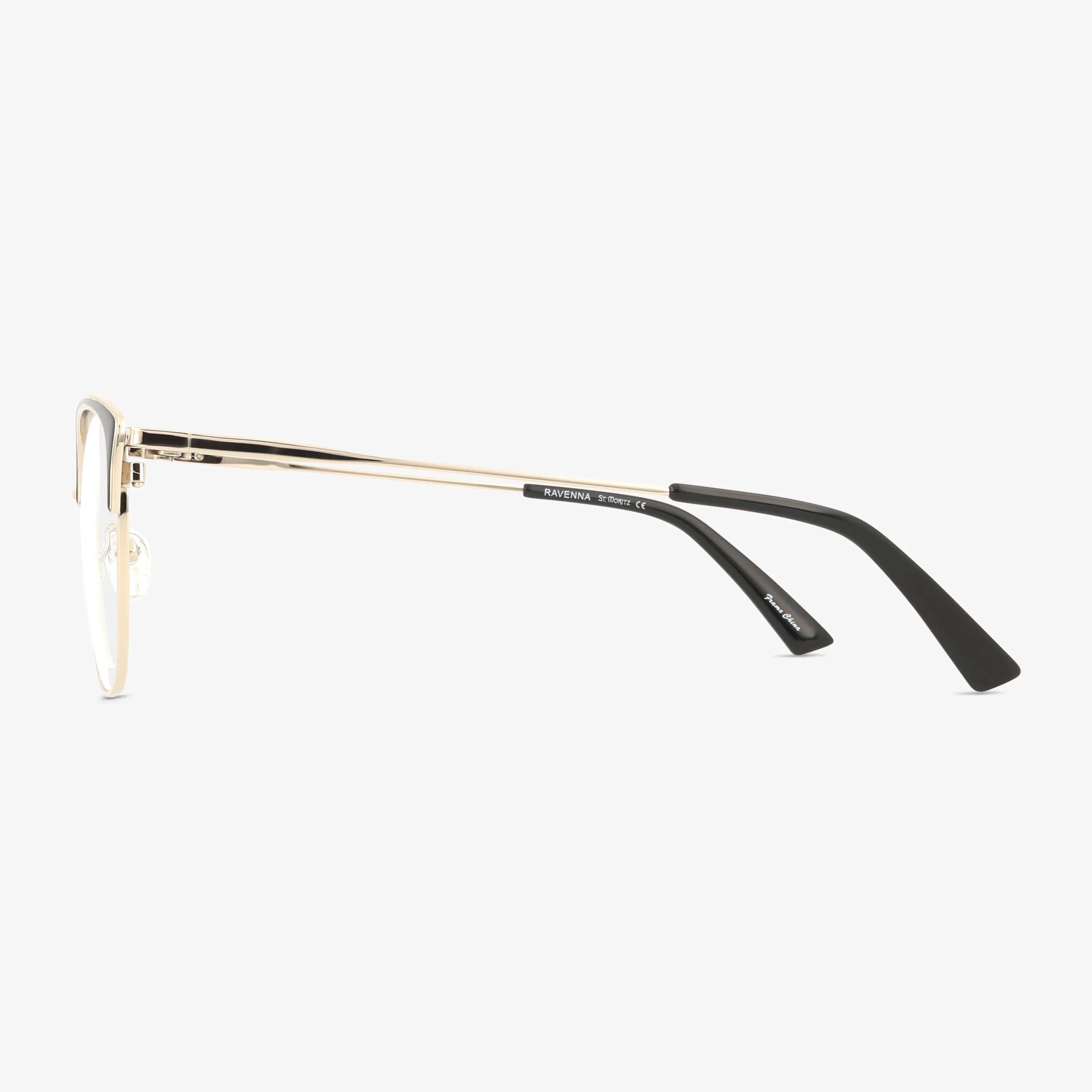 Side view of RAVENNA gold-framed eyeglasses with black temple tips, clear lenses, and a brand label on the arm—crafted for everyday excellence against a plain white background.