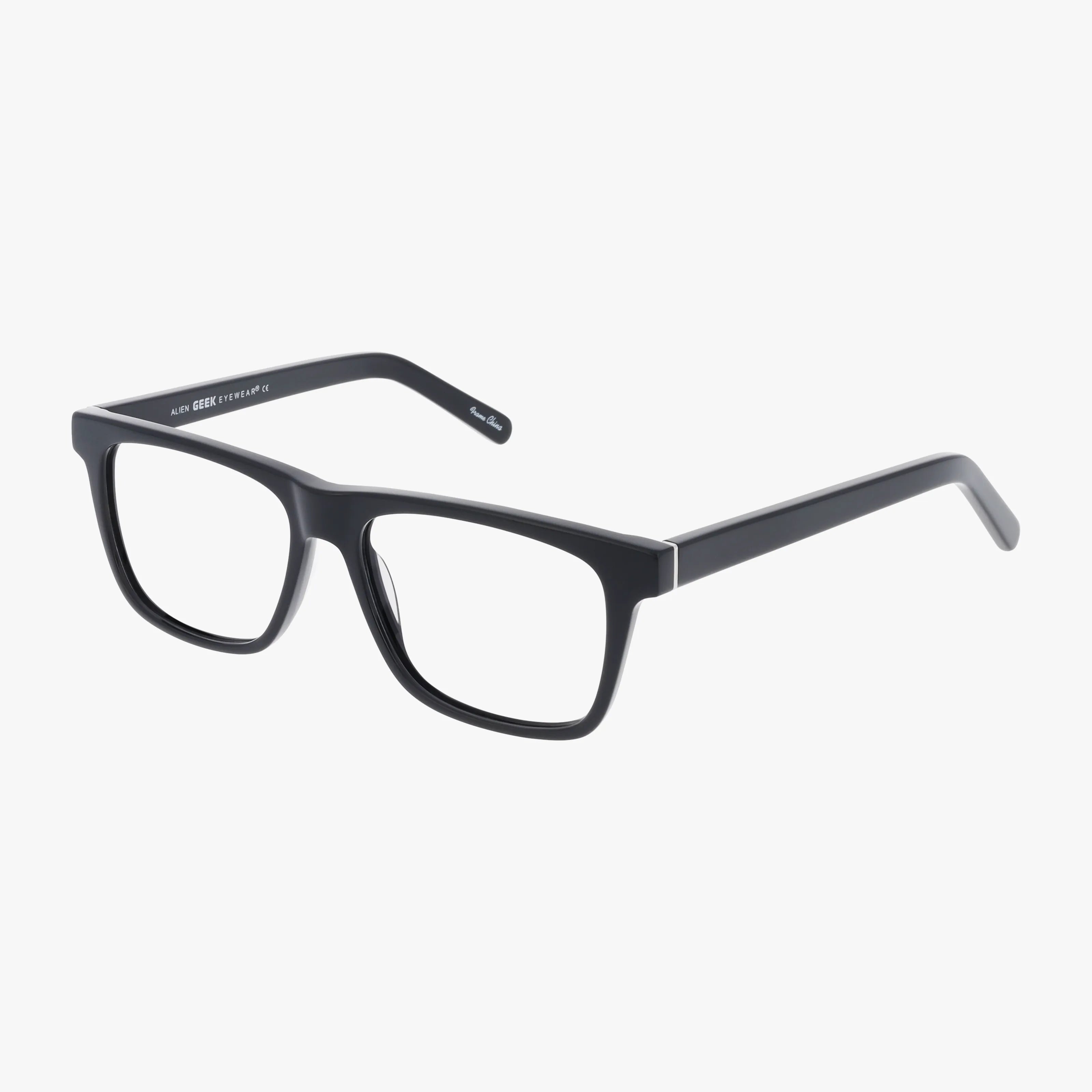 The ALIEN eyewear features black, rectangular frames with thick, fashion-forward styling and straight arms that curve slightly at the tips—ideal for prescription lenses. Shown on a white background.