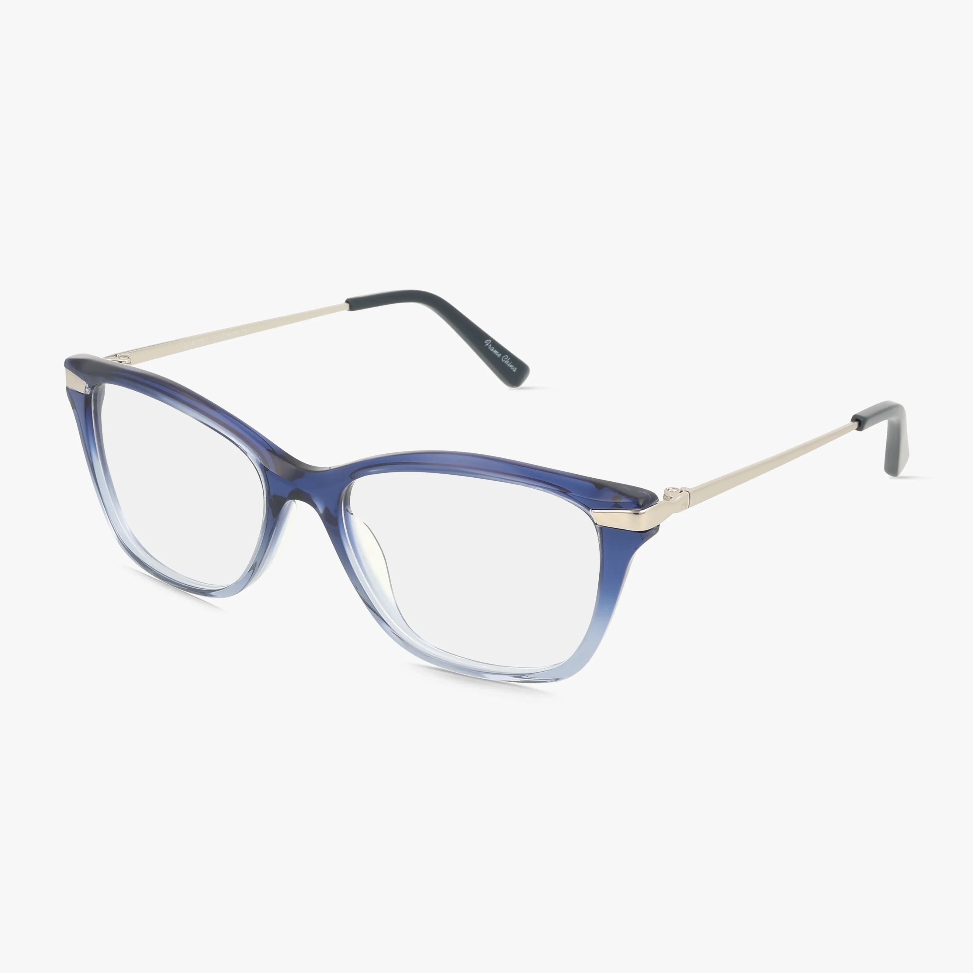 The AURORA eyeglasses feature blue gradient rectangular frames with thin gold metal arms and black tips. Lightweight and designed for everyday wear, these glasses are shown against a plain white background.
