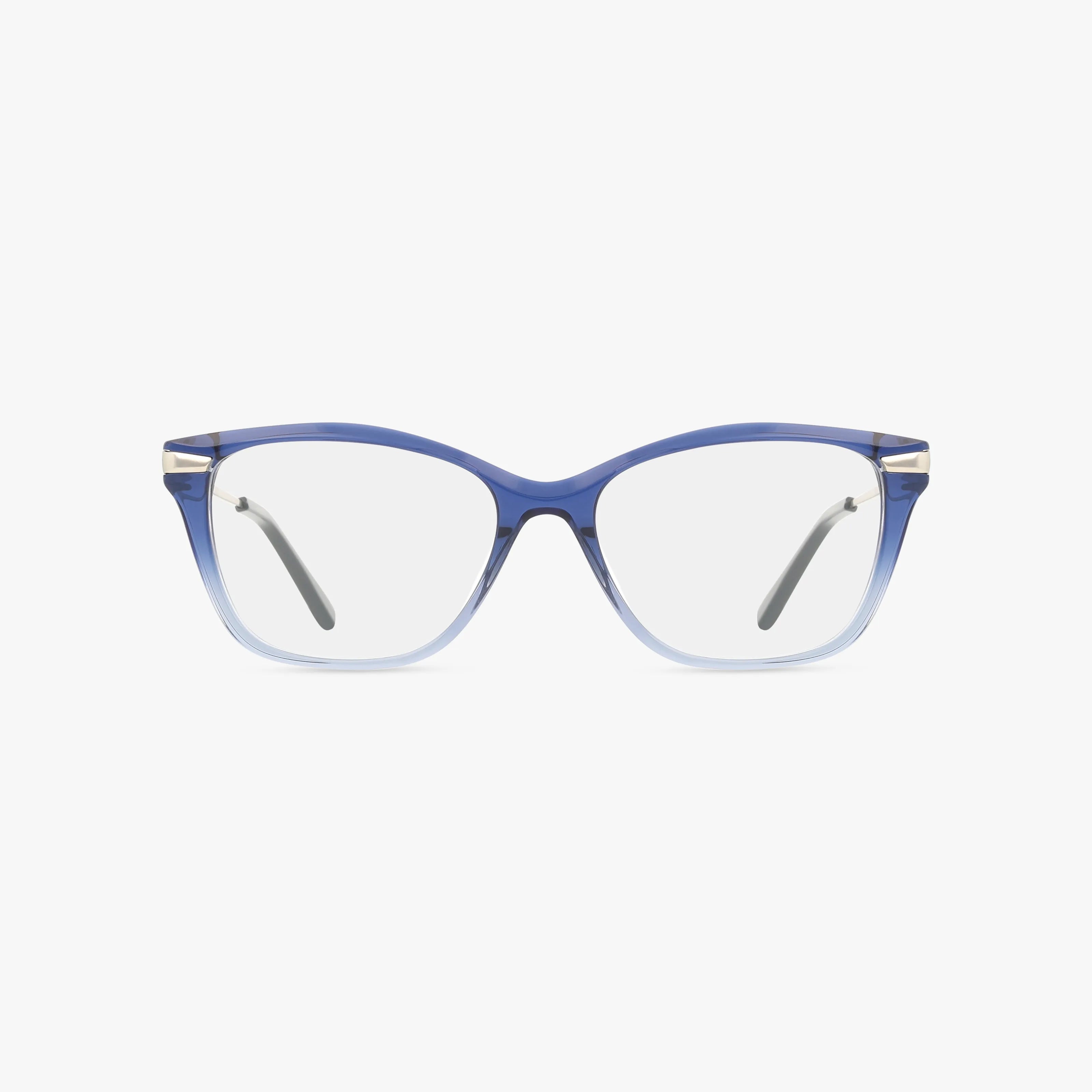 The AURORA eyeglasses feature blue translucent rectangular frames with clear blue light lenses, plus gray temples and silver hinges. Lightweight and stylish, they're ideal for everyday wear and are displayed against a white background.