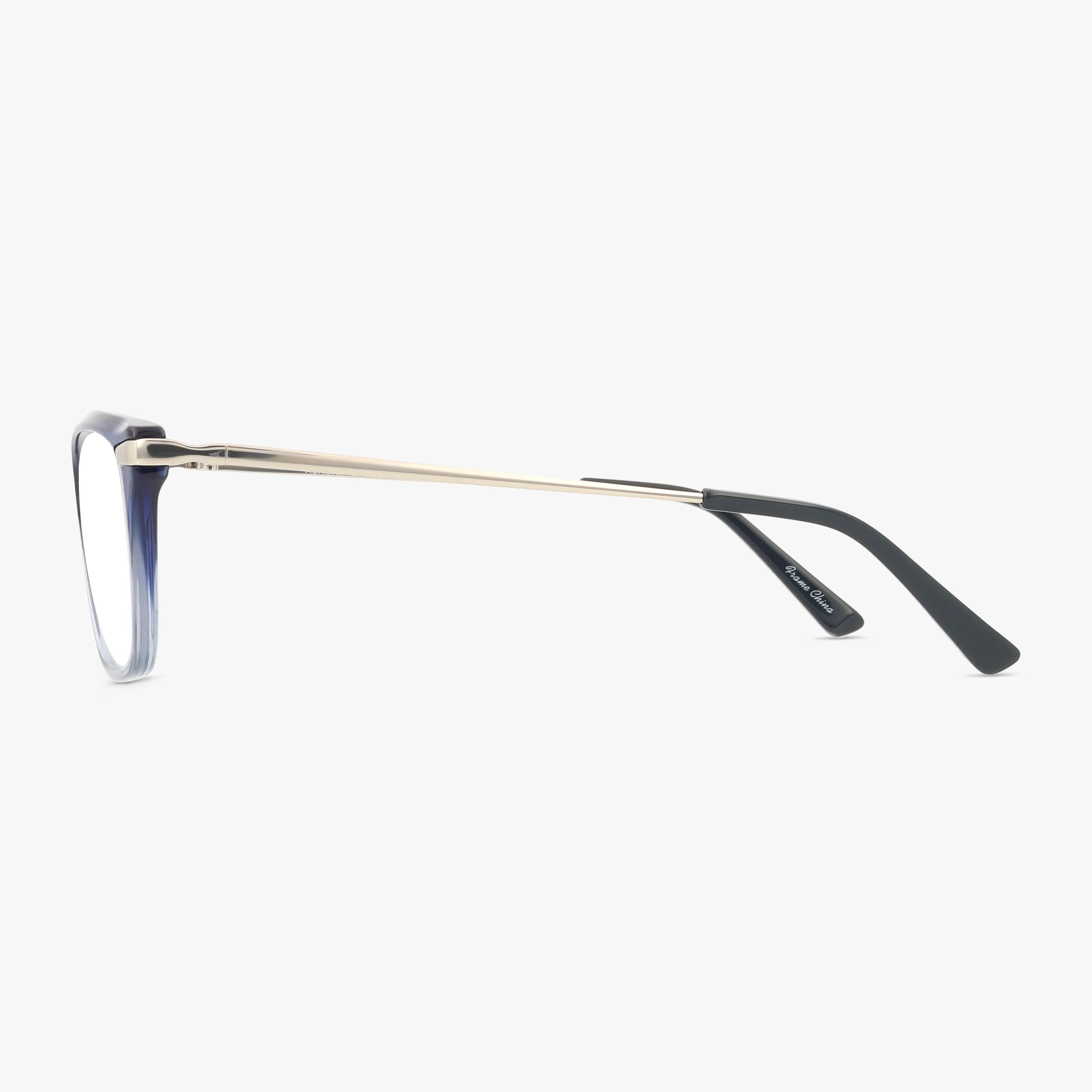 A side view of AURORA eyeglasses featuring a blue and clear gradient lightweight frame, thin gold metal temples, and black plastic tips. Designed for everyday wear, shown against a plain white background.