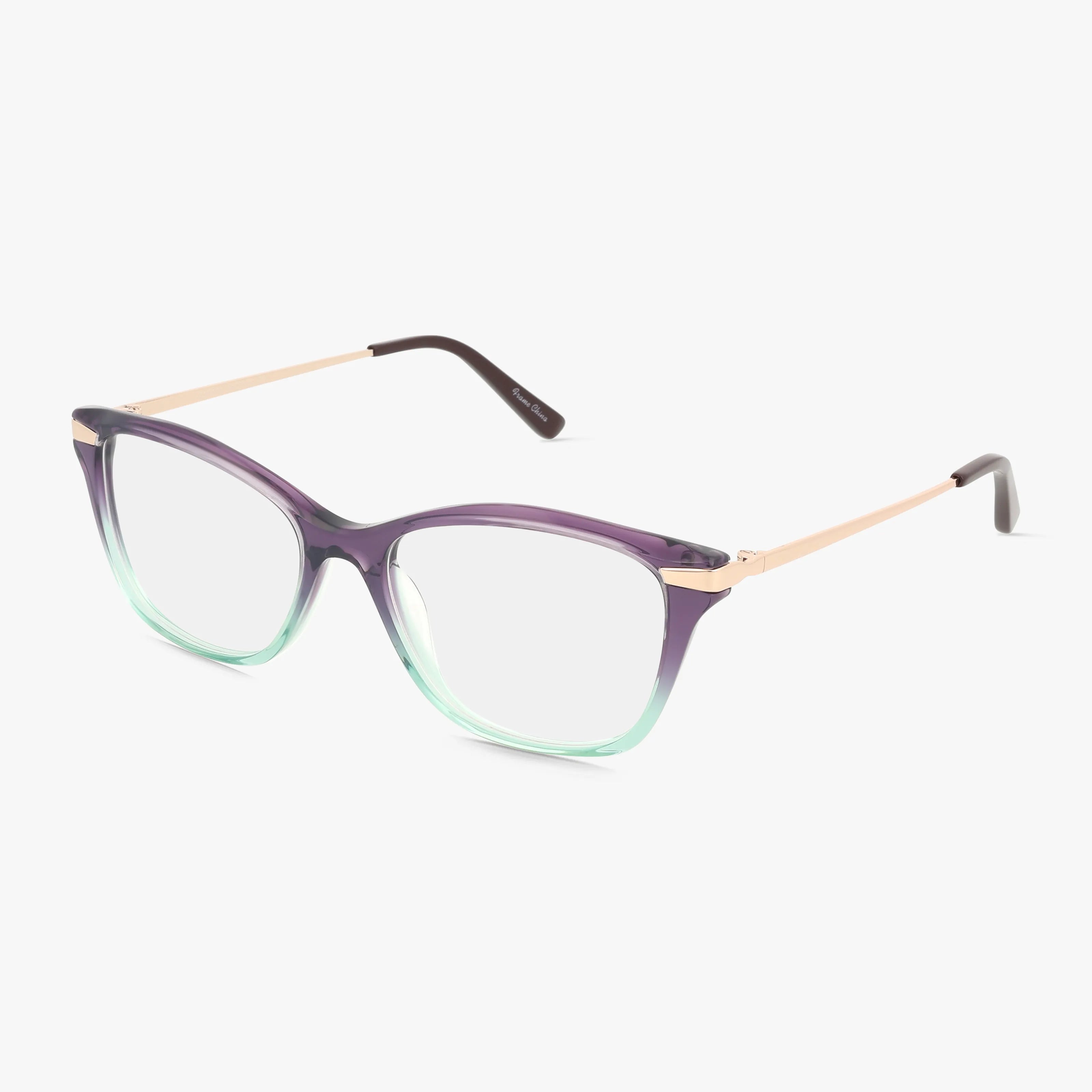 The AURORA eyeglasses feature translucent purple and green gradient plastic frames with thin gold metal arms and black tips. Lightweight and ideal for everyday wear, they are displayed on a white background.