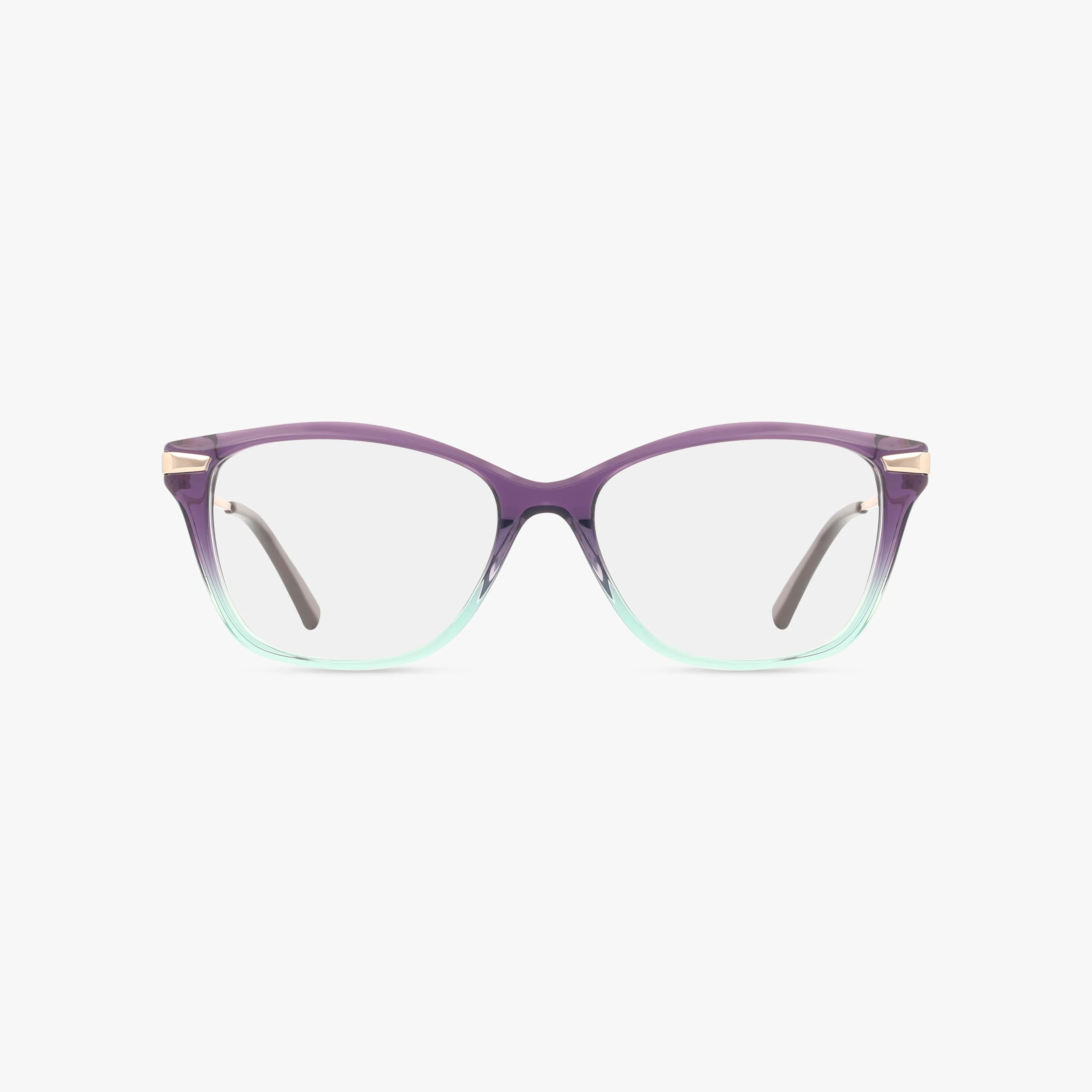 AURORA eyeglasses feature a cat-eye shape with a lightweight frame that fades from purple at the top to light green at the bottom, plus light-colored temple arms. Shown against a white background, they're perfect for everyday wear.