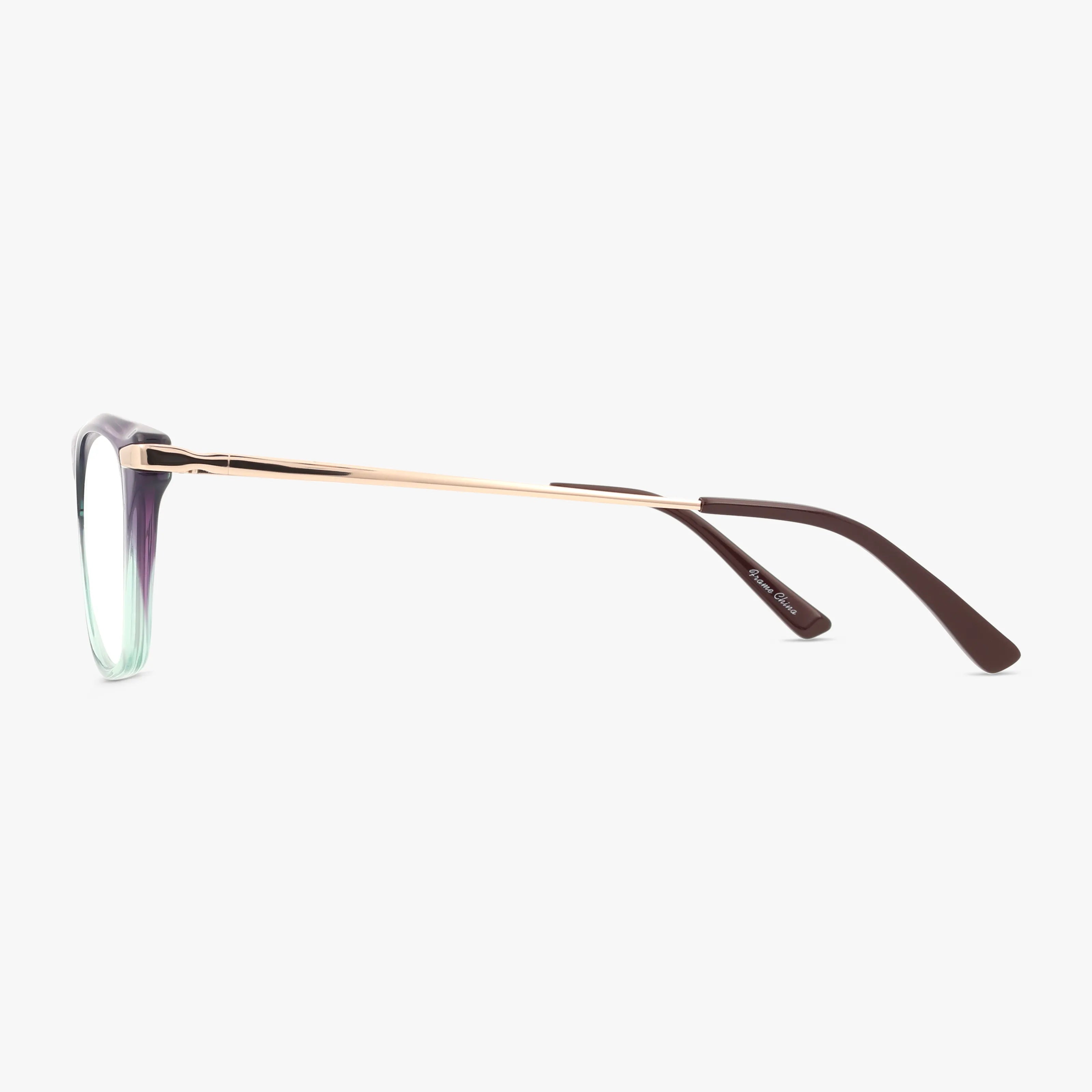 Side view of AURORA eyeglasses featuring a translucent green and purple gradient lightweight frame, thin gold metal arms, and dark brown tips. Shown on a plain white background, these glasses are ideal for everyday wear.