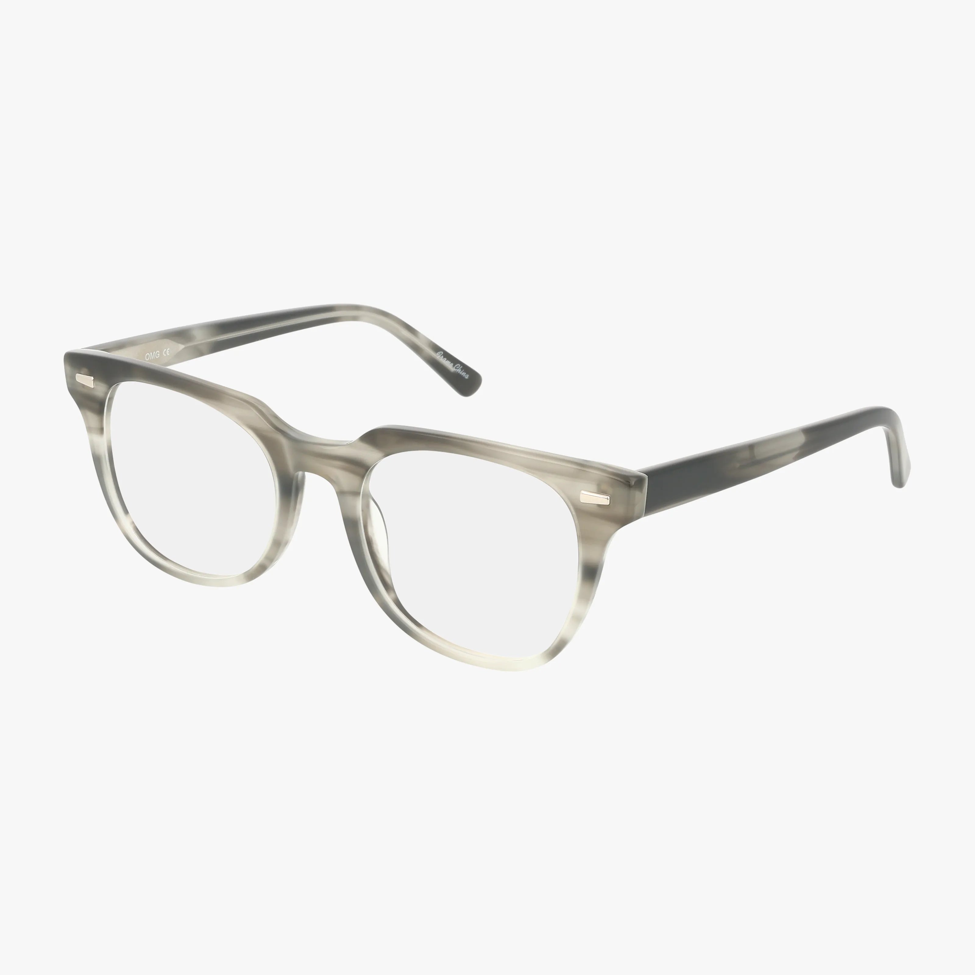 The OMG eyeglasses feature a translucent gray, sophisticated frame in a rounded square design with clear lenses, shown on a white background.