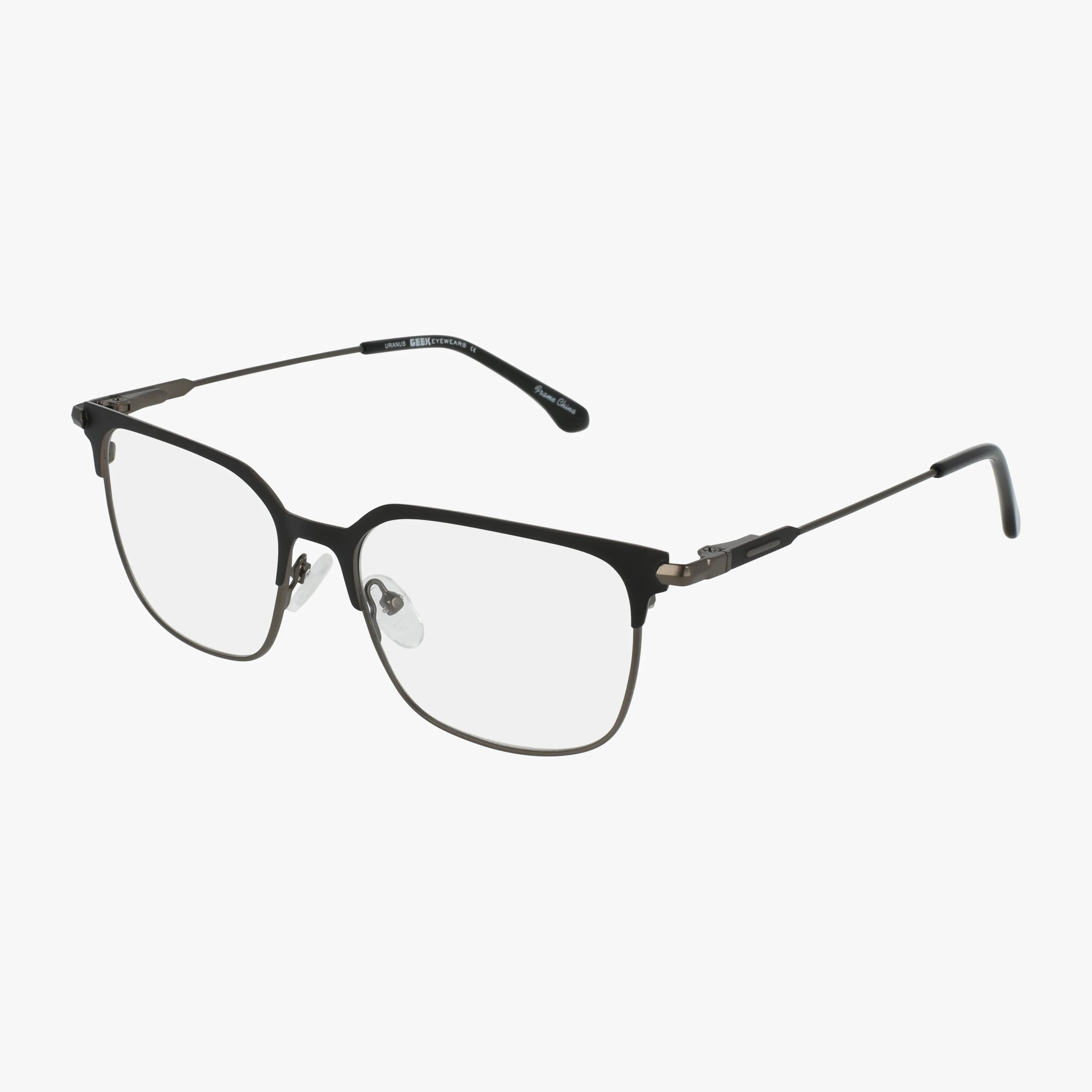 The URANUS eyewear is a pair of rectangular black metal glasses with a lightweight frame, clear lenses, adjustable nose pads, and slim black arms with matching tips, shown against a white background.