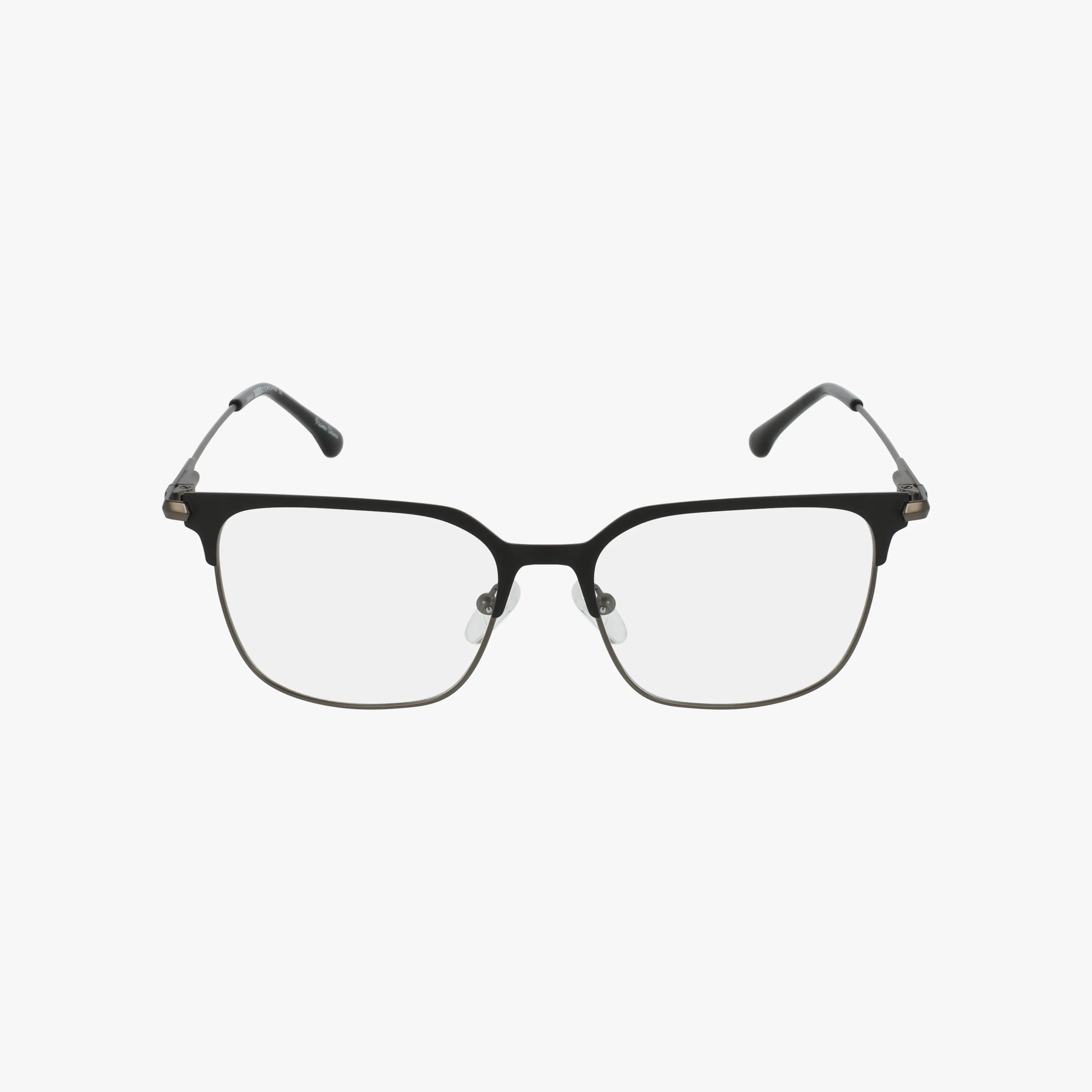 The URANUS rectangular eyewear features black rims, clear blue light lenses, thin temples, adjustable nose pads, and a lightweight frame for all-day comfort, displayed on a white background.
