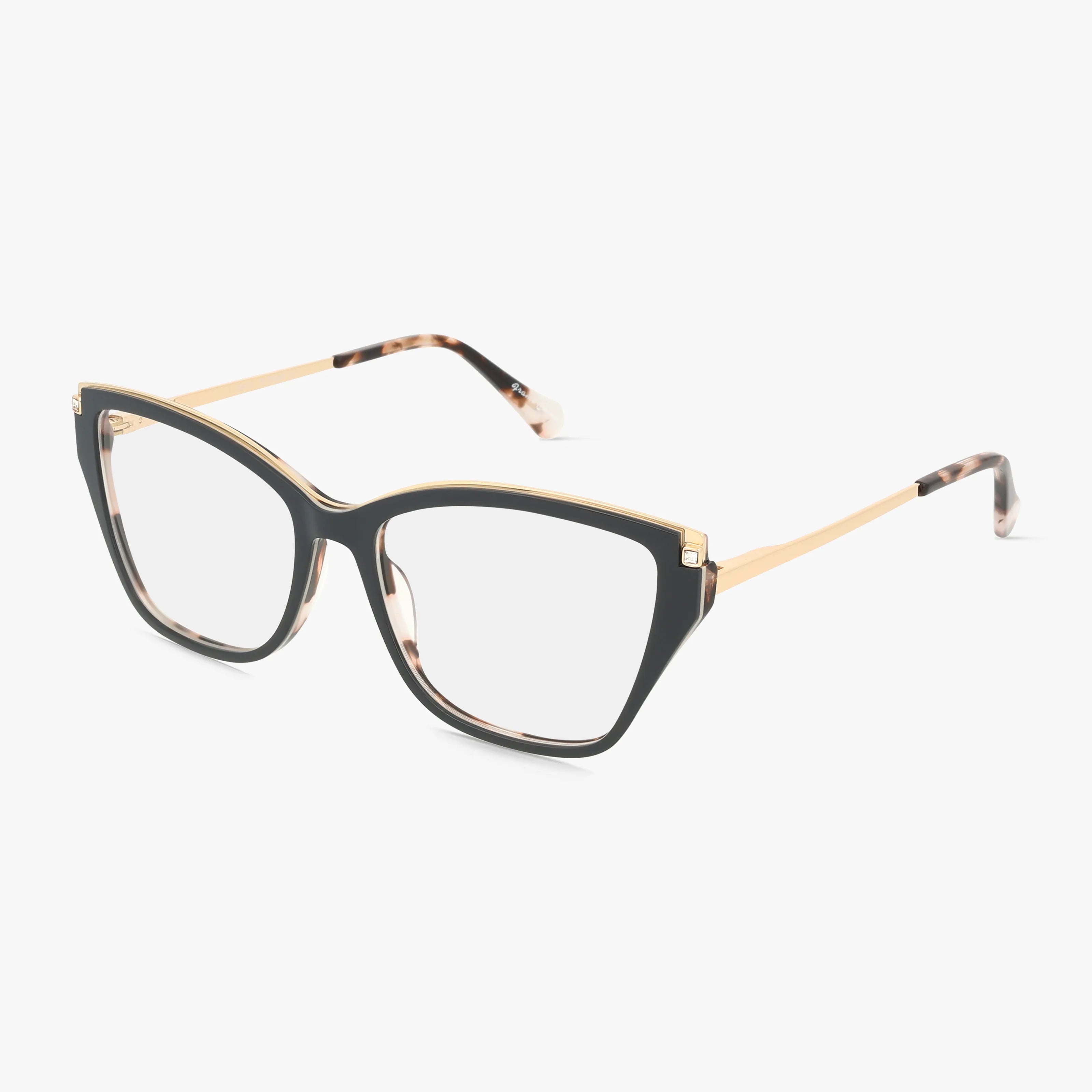The EMILY eyeglasses feature a black and gold cat-eye design with clear lenses, chic upswept frames, slim gold metal arms, and marbled temple tips—blending stylish robustness and vision benefits on a white background.