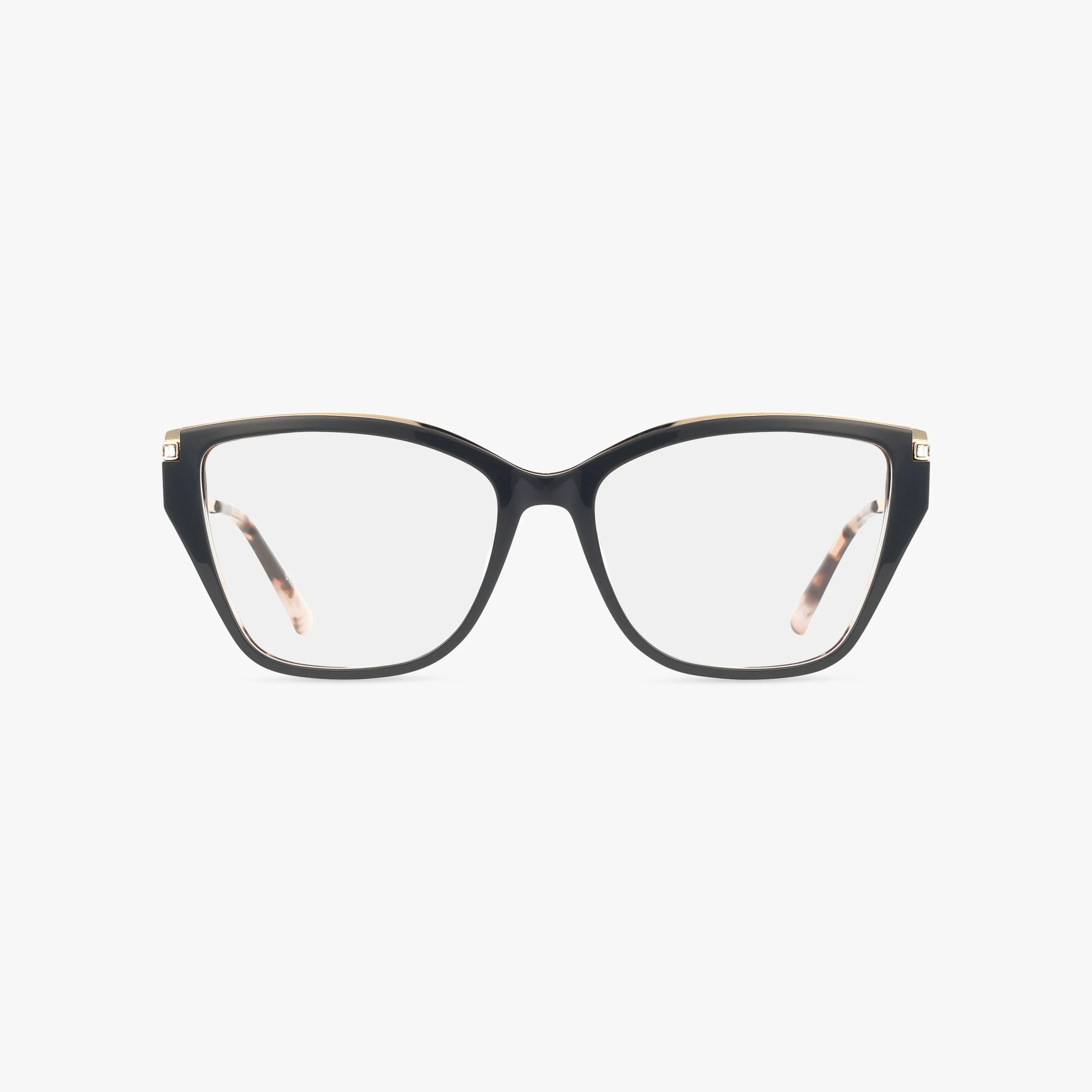 The EMILY eyeglasses feature a black rectangular frame with clear lenses, slightly rounded edges, and stylish arms adorned with a subtle pattern and metallic accents near the hinges, displayed on a white background.