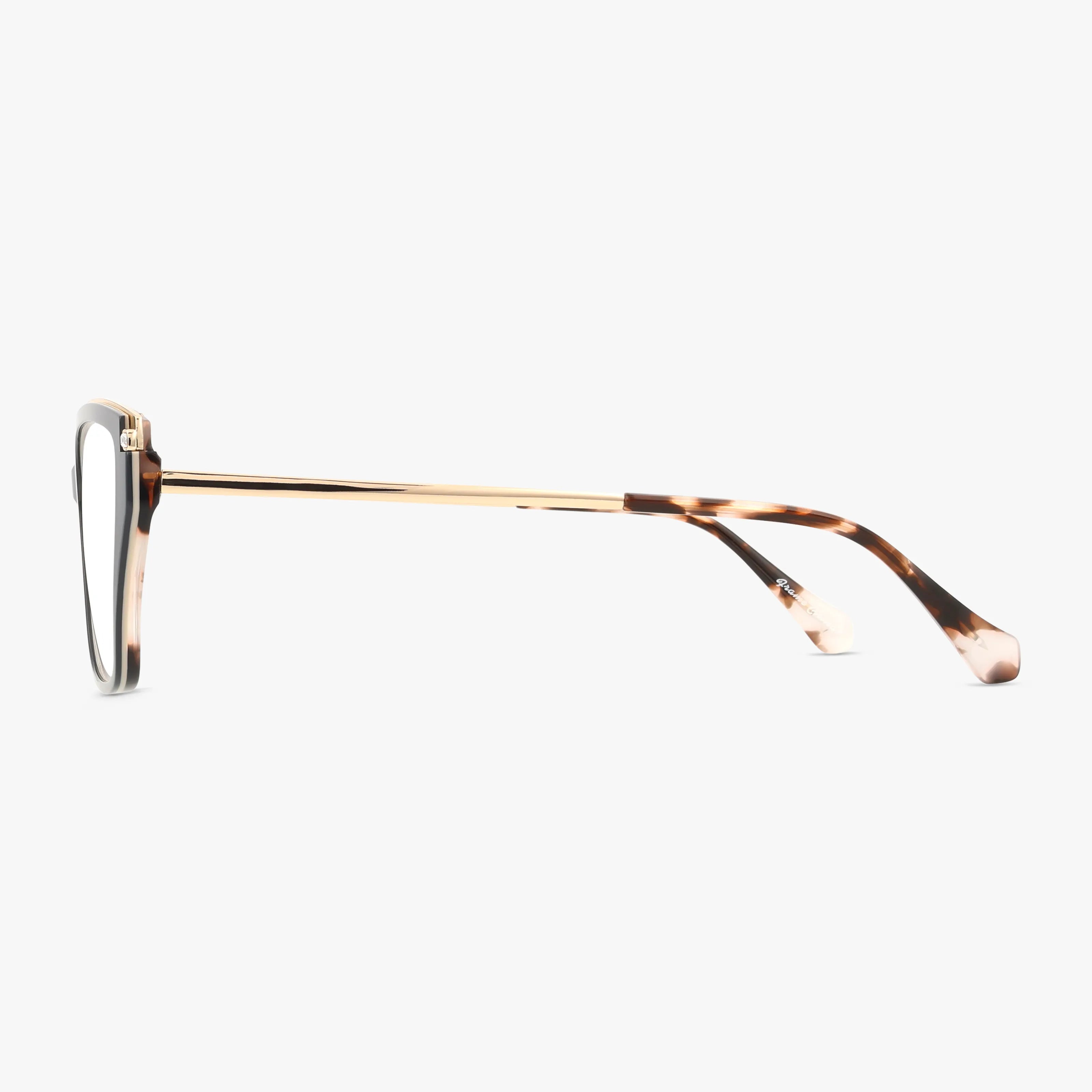Side view of EMILY eyeglasses featuring chic gold metal temples and brown tortoiseshell-patterned plastic arms, displayed against a plain white background.