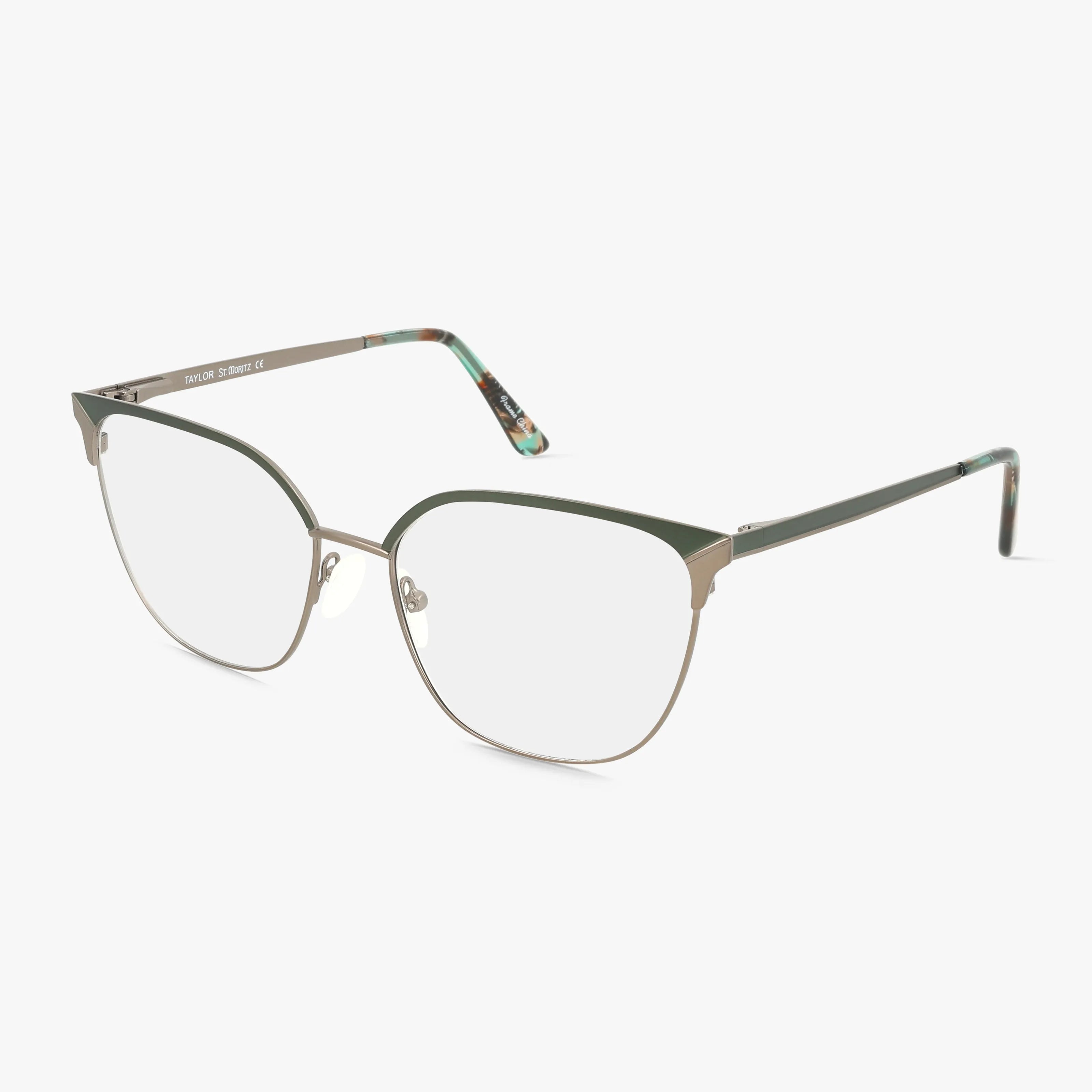 The TYALOR eyewear features thin metallic gold cat-eye frames, durable construction, green temple accents, and clear nose pads, displayed on a white background.