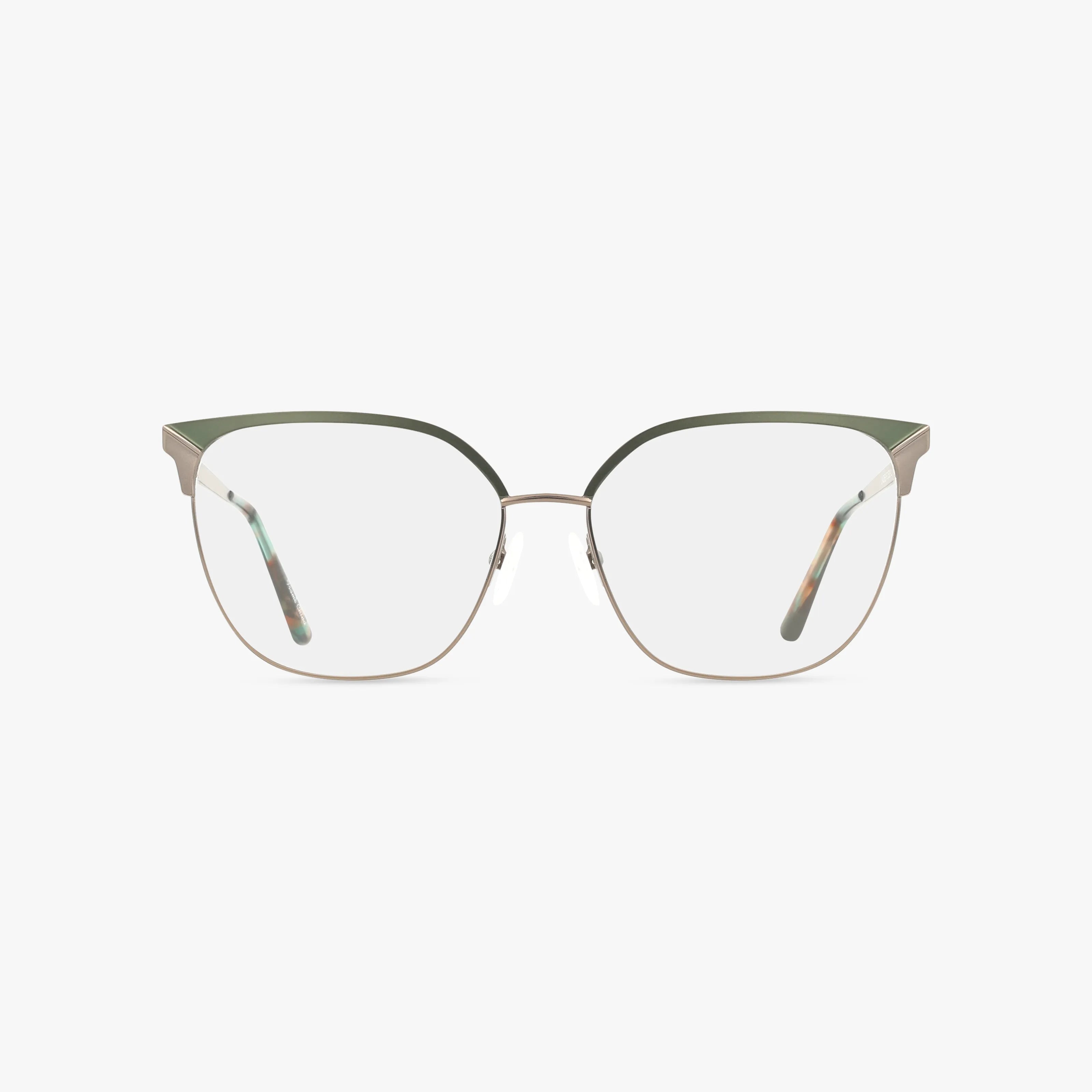 The TYALOR cat-eye eyeglasses feature thin gold metal rims with green accents along the top, combining stylish design and durable quality, all displayed on a plain white background.