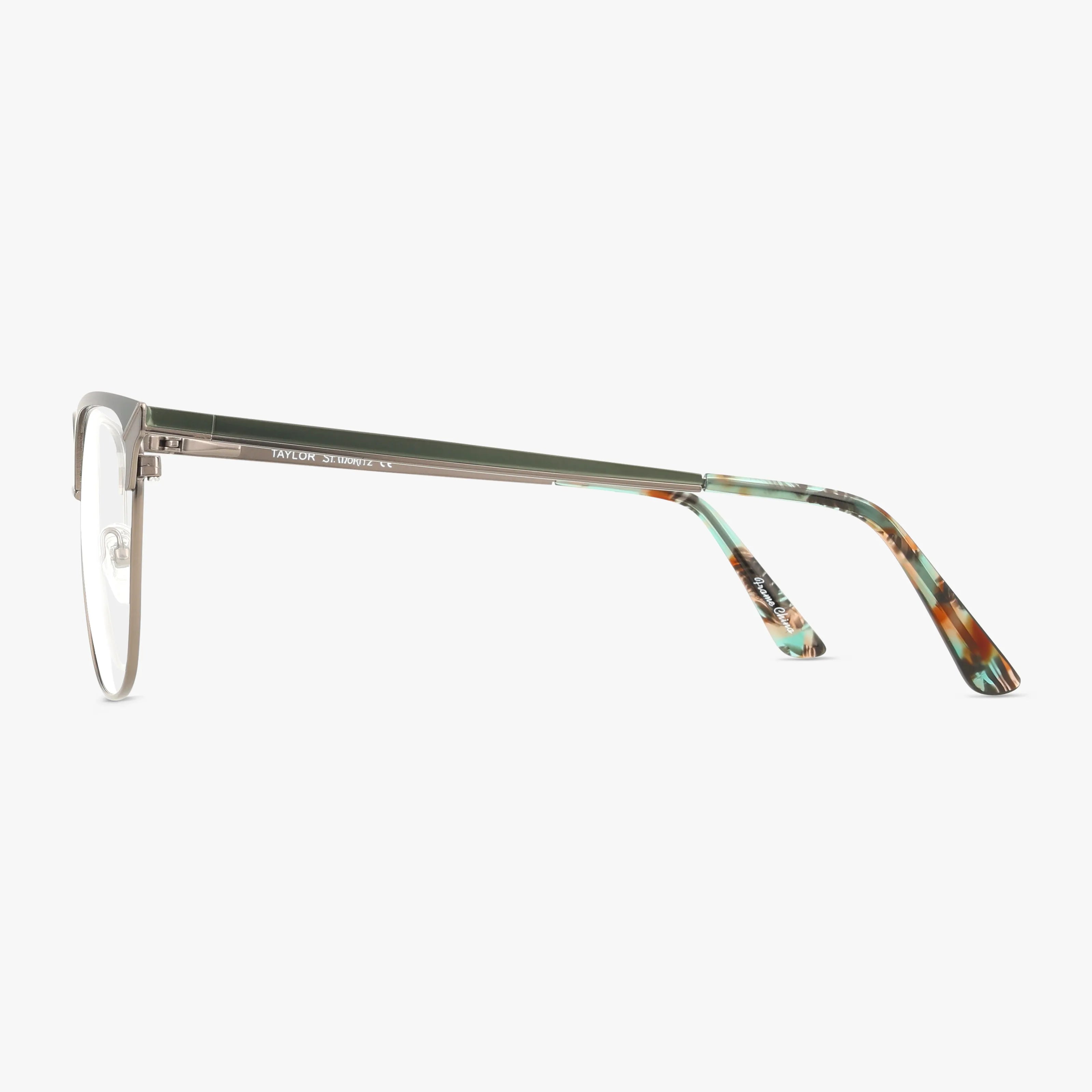 Side view of TYALOR stylish eyewear featuring a durable eyeglass frame with thin metallic arms and multicolored tortoiseshell-patterned temple tips, shown on a white background.