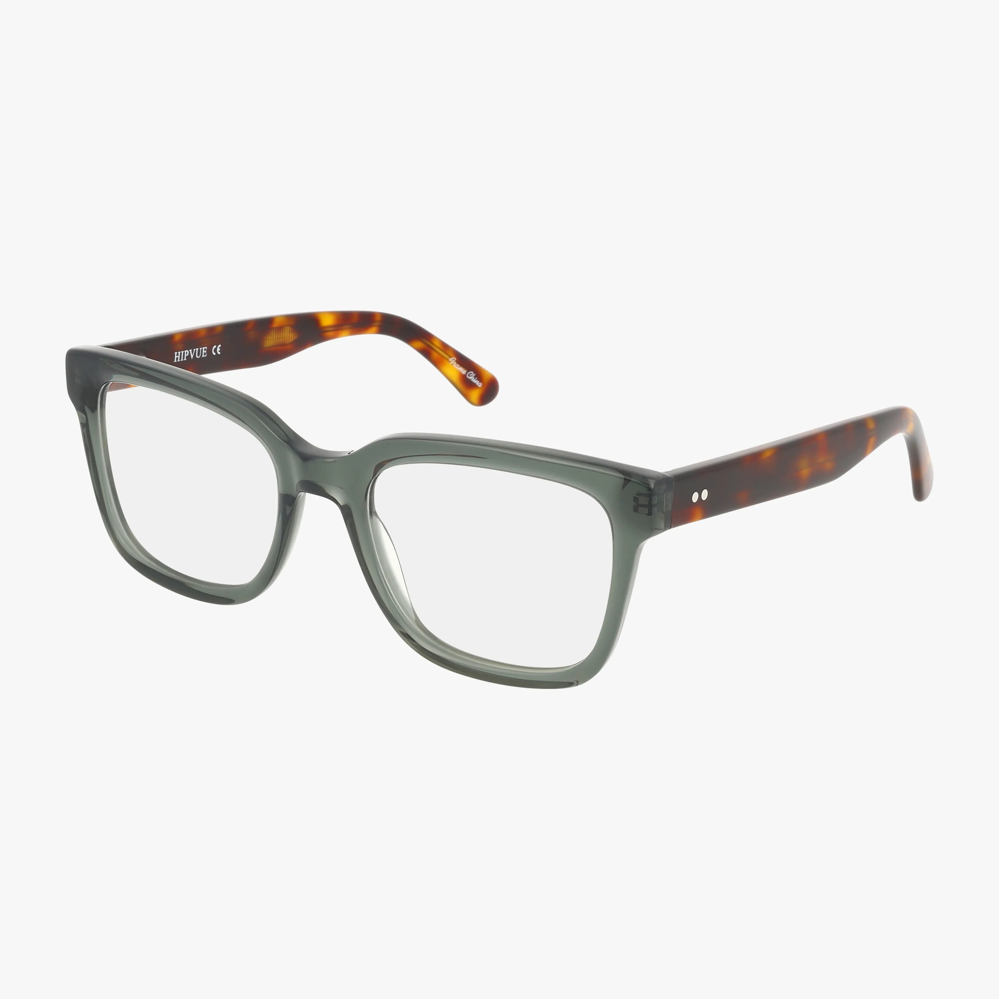 The HIPVUE features green rectangular eyeglasses with a tailored frame, transparent fronts, and tortoiseshell-patterned arms in a modern style, displayed on a white background.