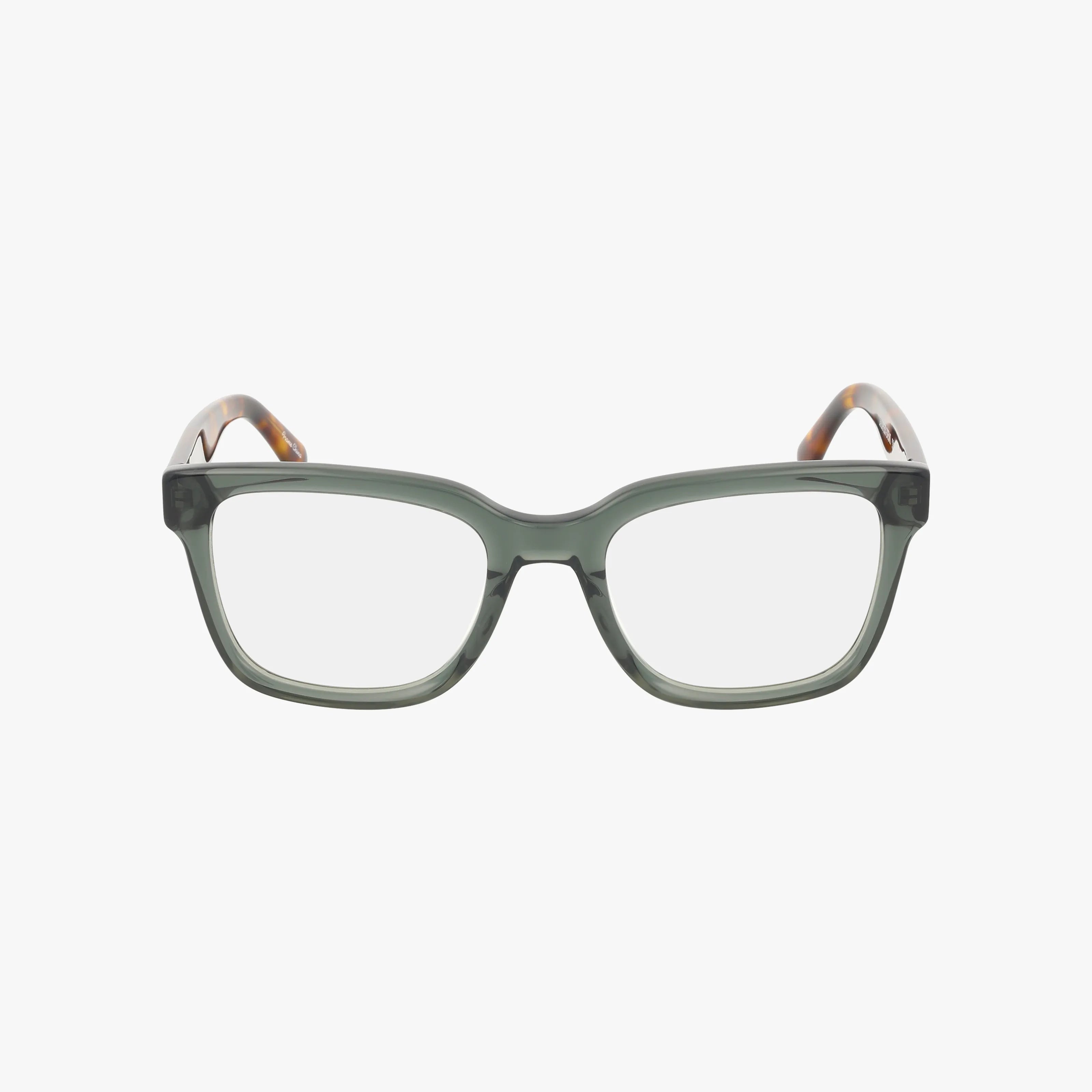 Front view of HIPVUE: green rectangular eyeglasses with clear lenses and gently curved, brown tortoiseshell-patterned arms. The tailored frame offers a modern style, displayed on a plain white background.