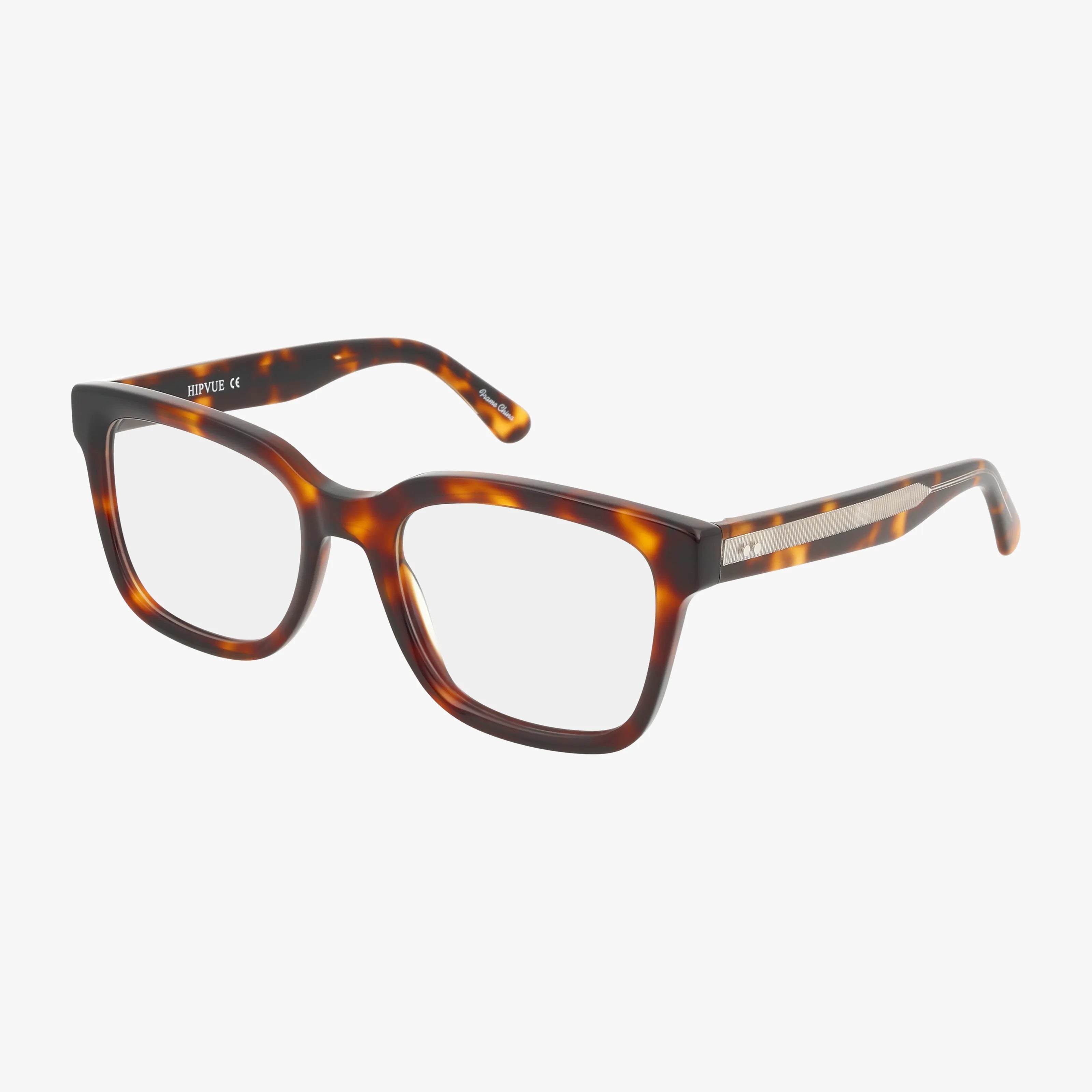 The HIPVUE rectangular eyeglasses feature durable brown tortoiseshell frames and clear lenses in a modern style, shown on a white background.