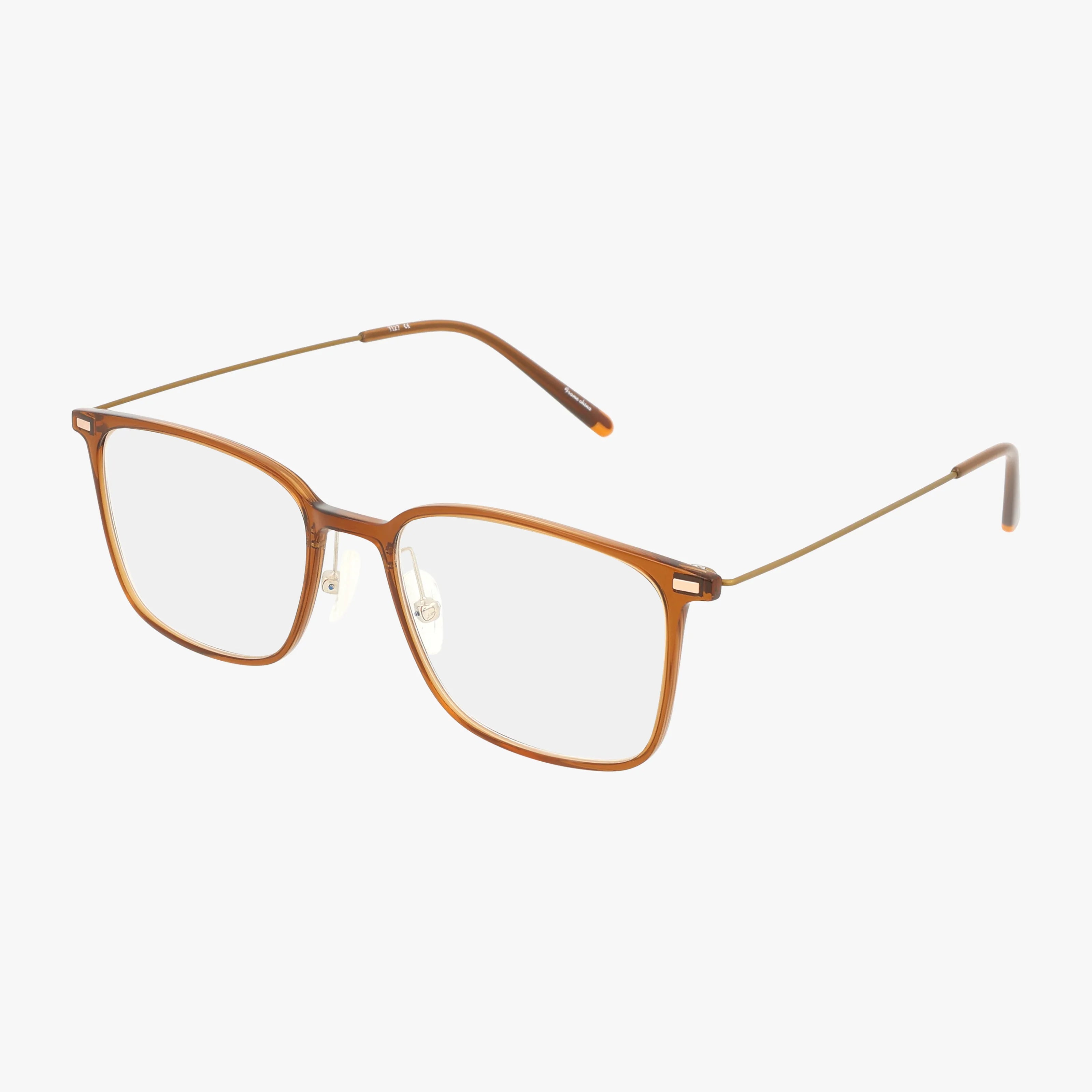 The TI 27 eyeglasses feature a rectangular frame with thin brown accents, metal temples, clear lenses, and adjustable nose pads, displayed on a white background.
