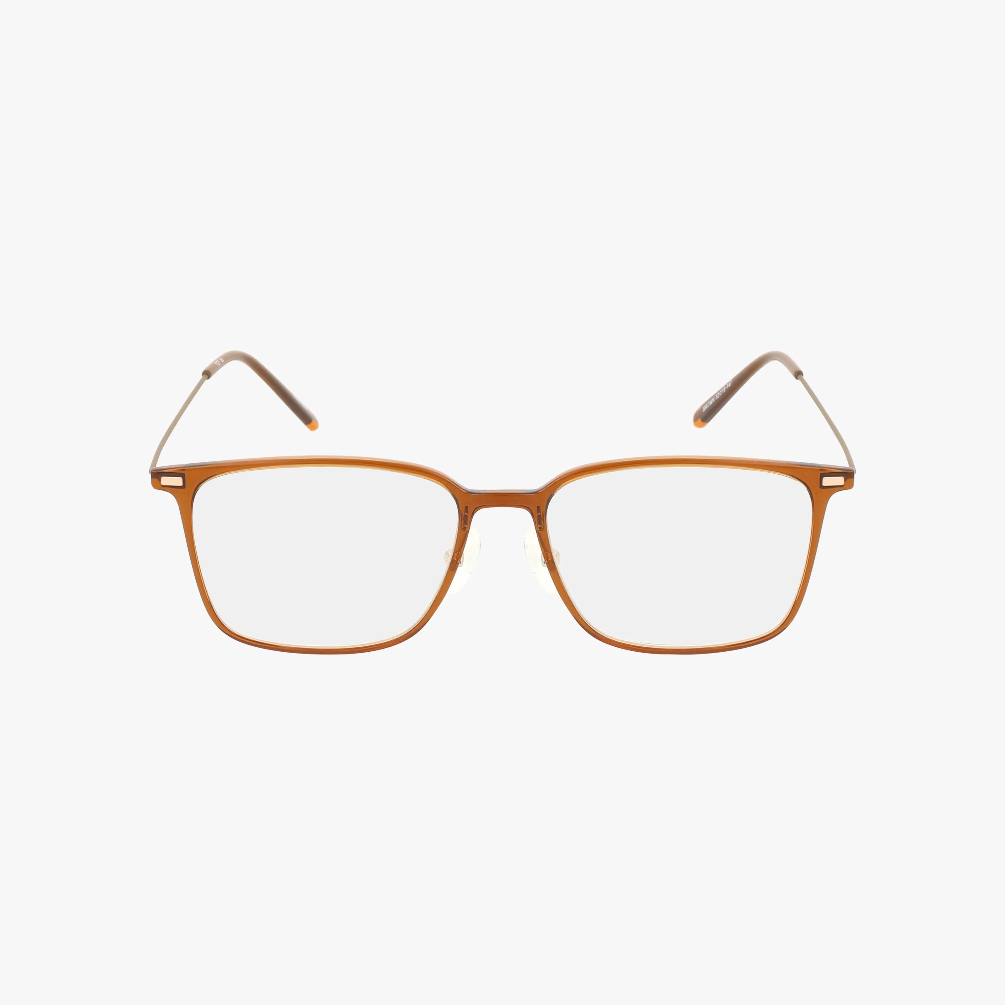 The TI 27 features rectangular eyeglasses with a thin, light brown distinctive frame and clear lenses, showcased against a plain white background.