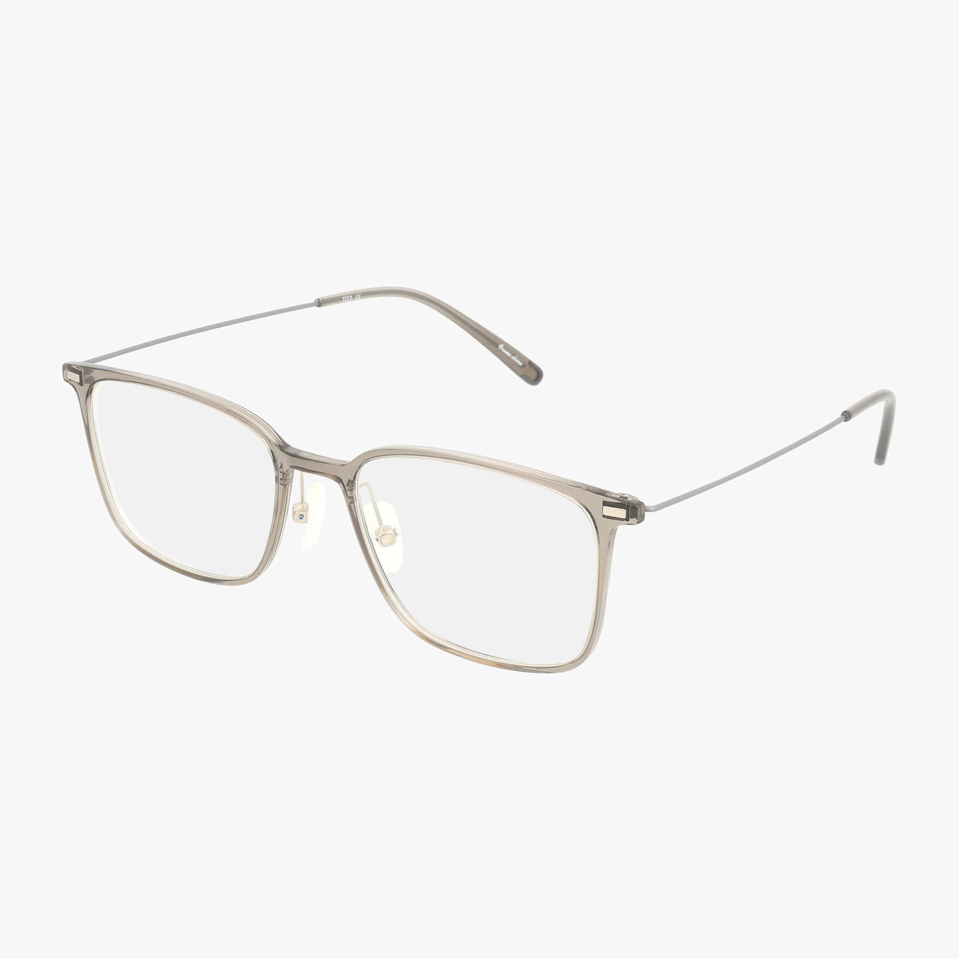 The TI 27 eyeglasses feature a unique thin, light-colored metal frame with rectangular clear lenses, displayed on a white background.