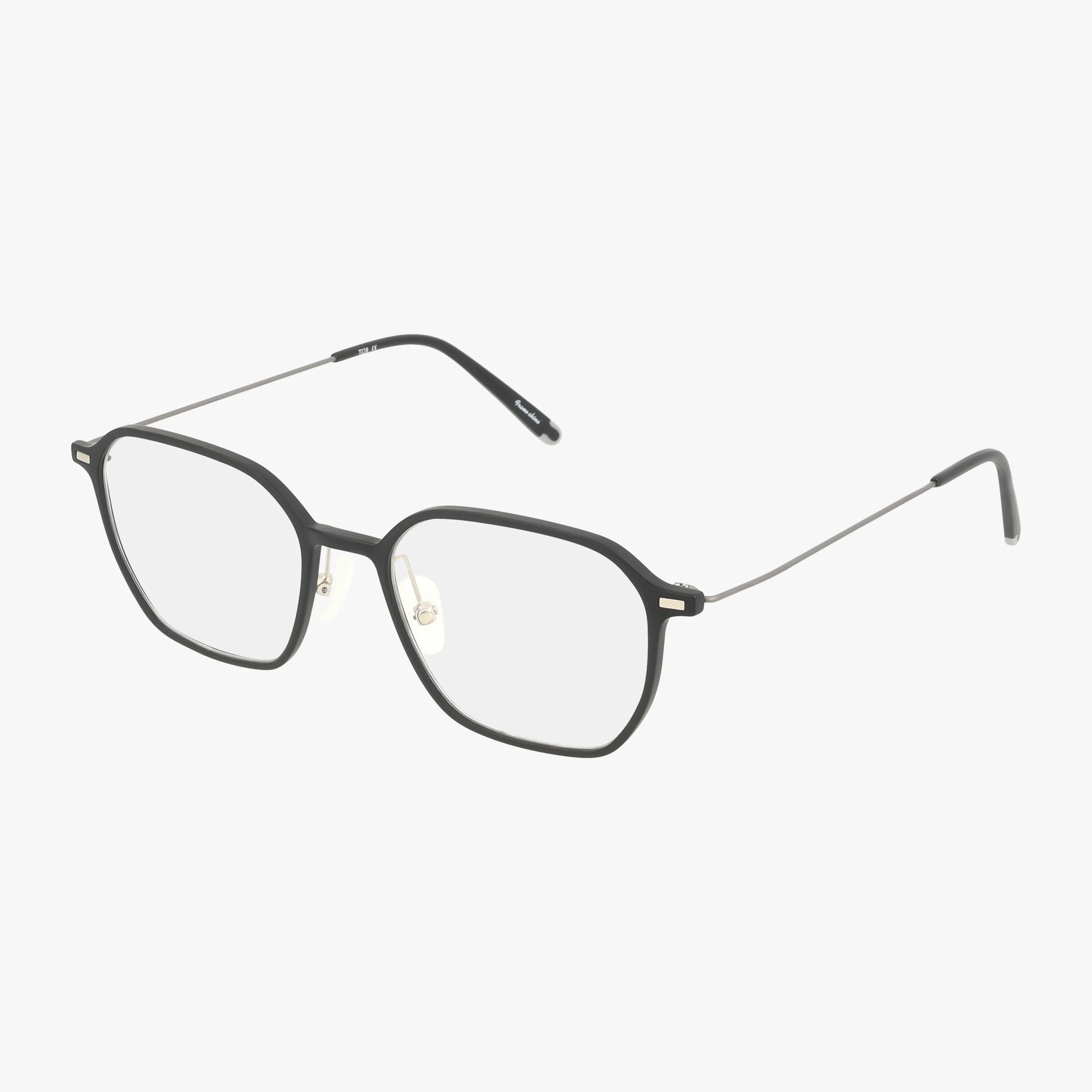 The TI 28 eyeglasses feature black rims, a sleek frame, thin metal arms, and clear lenses for a lightweight feel and versatile style, shown on a white background.