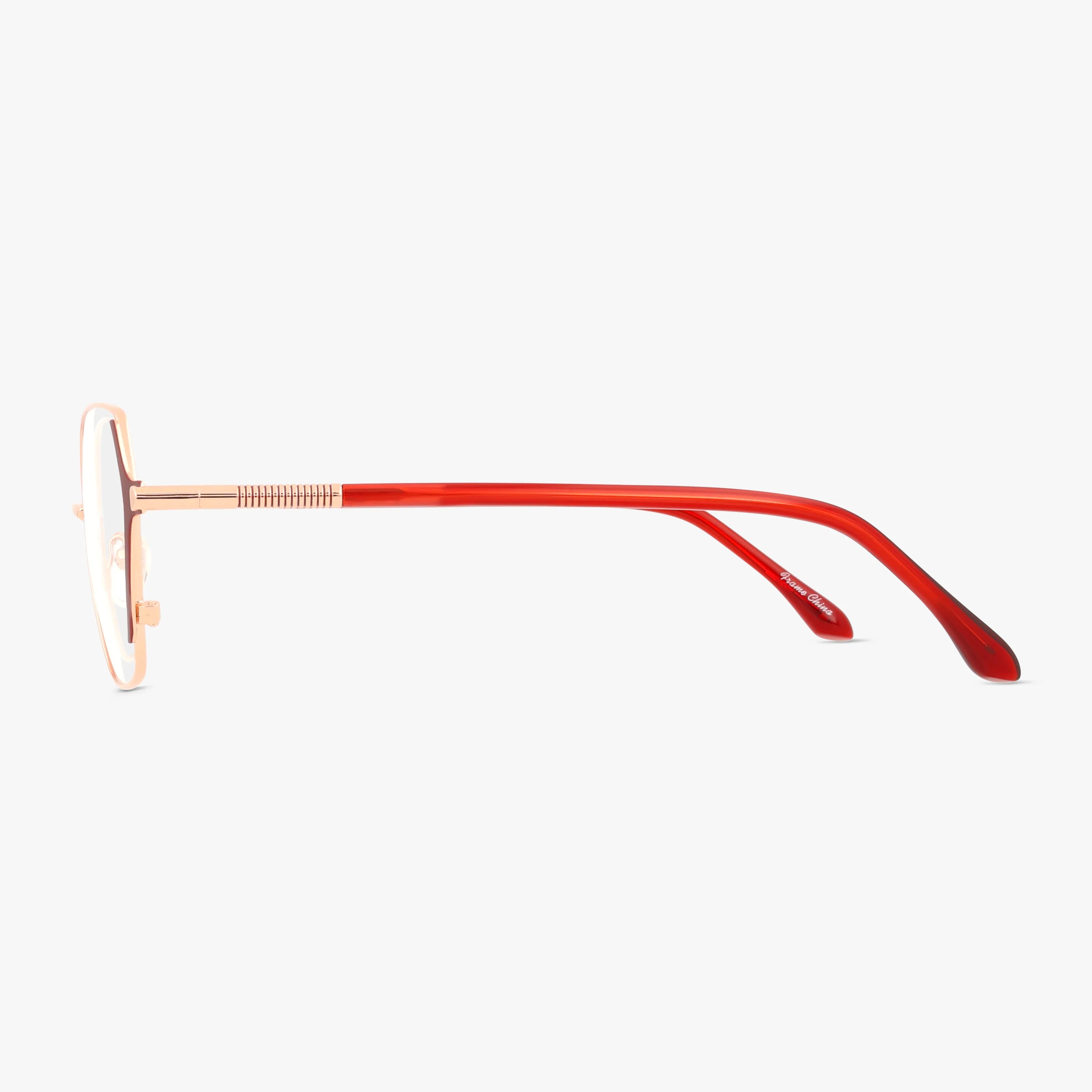 Side view of KARINA eyeglasses featuring a minimalist gold metal frame and red gradient plastic arms, designed for modern durability and prescription lens compatibility, displayed on a white background.