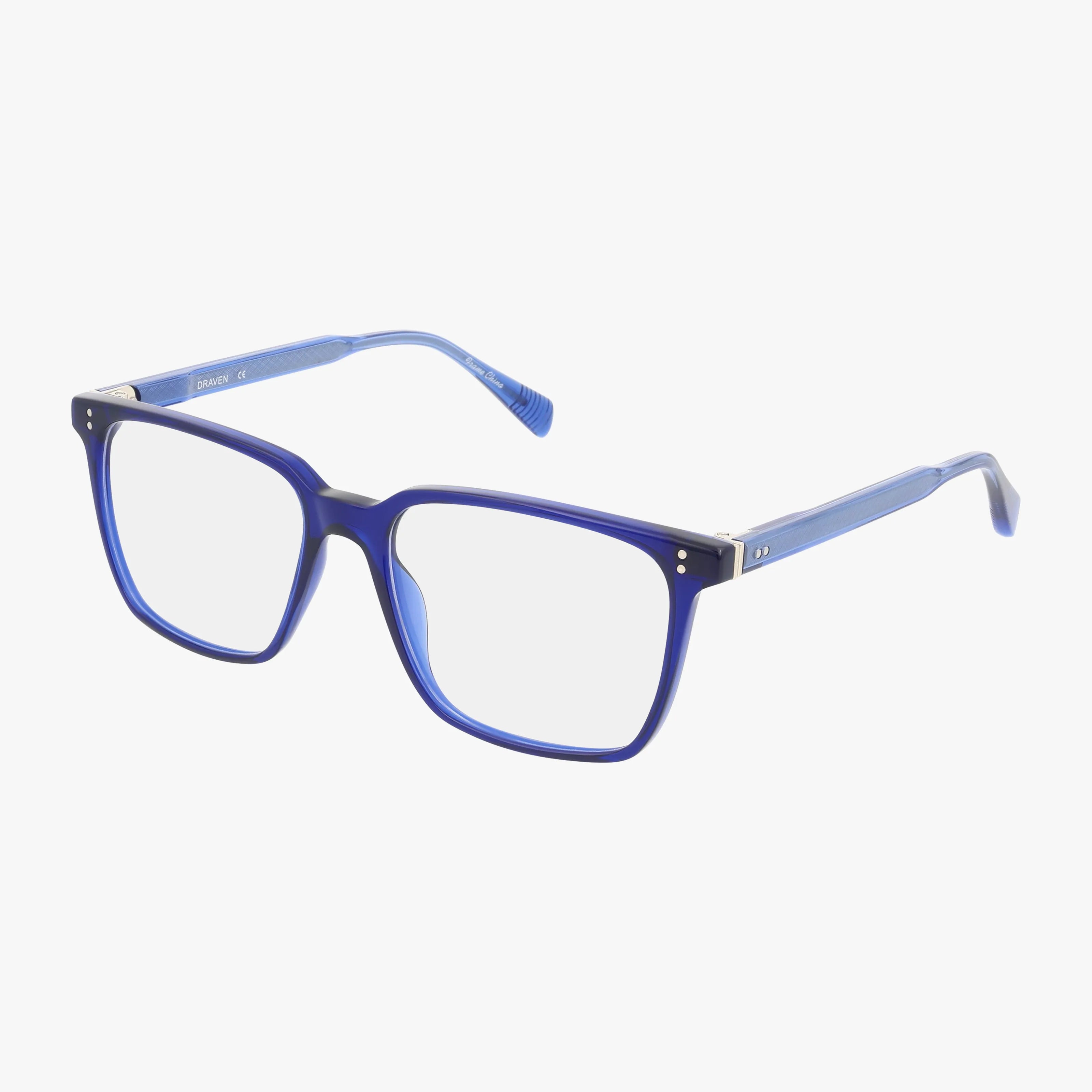DRAVEN blue rectangular eyeglasses with a stylish frame, clear or progressive lenses, silver hinge accents, and sleek curved arms are displayed on a white background.