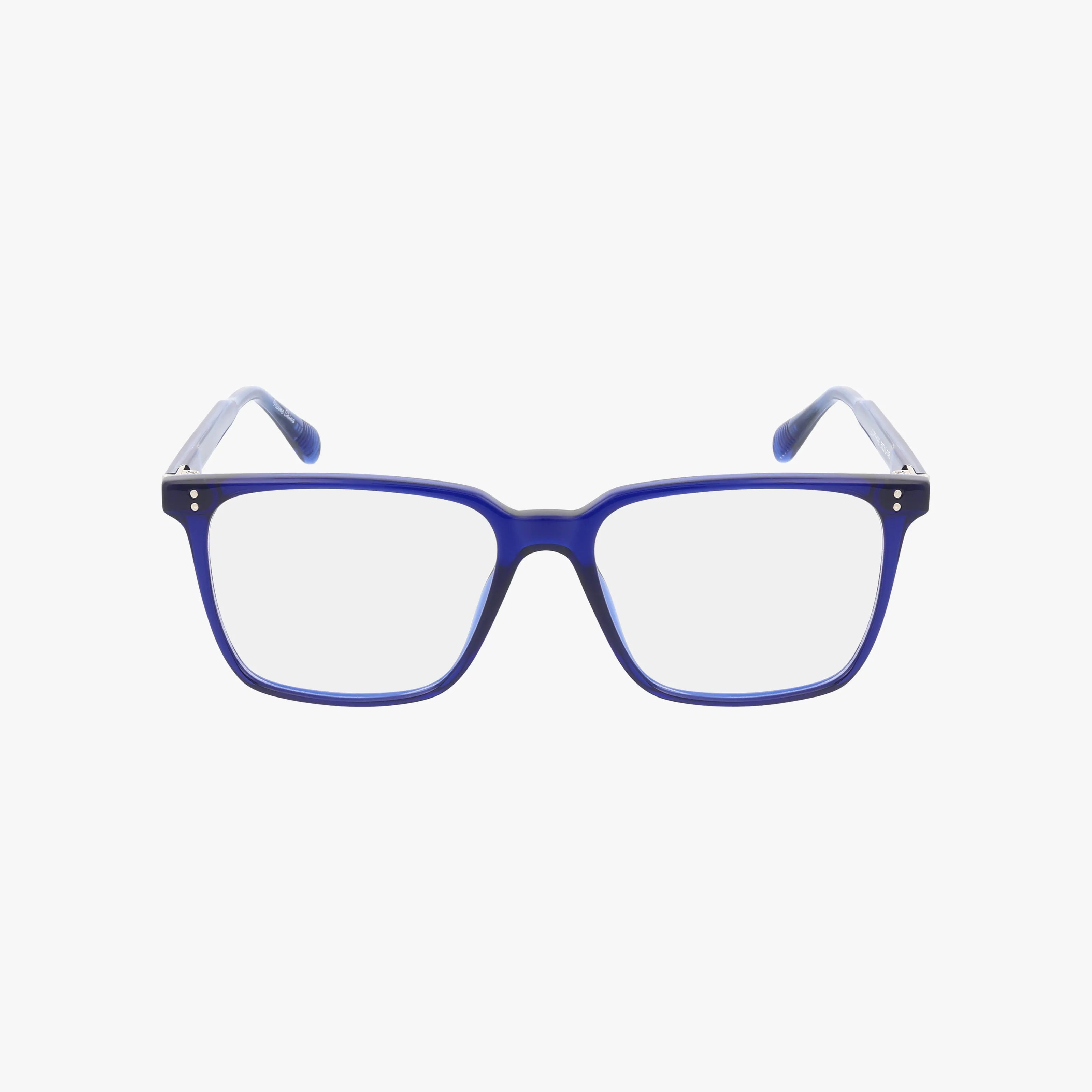 The DRAVEN features square blue eyeglass frames with clear lenses and slightly curved temples, displayed on a plain white background.