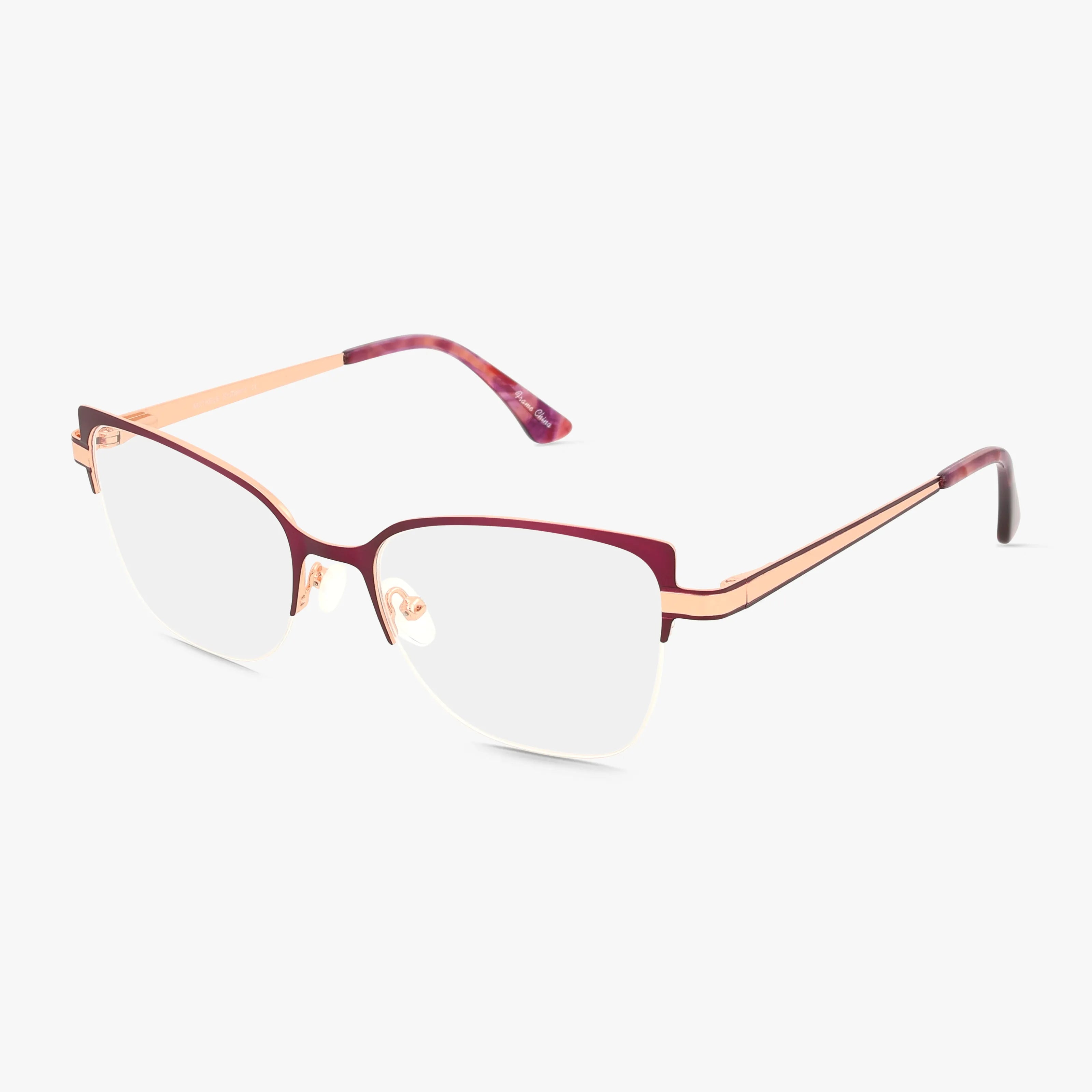 MICHELE is a stylish pair of semi-rimless eyeglasses with a refined frame, rose gold metal temples, red browline, clear lenses, and adjustable nose pads—durable eyewear elegantly showcased on a white background.