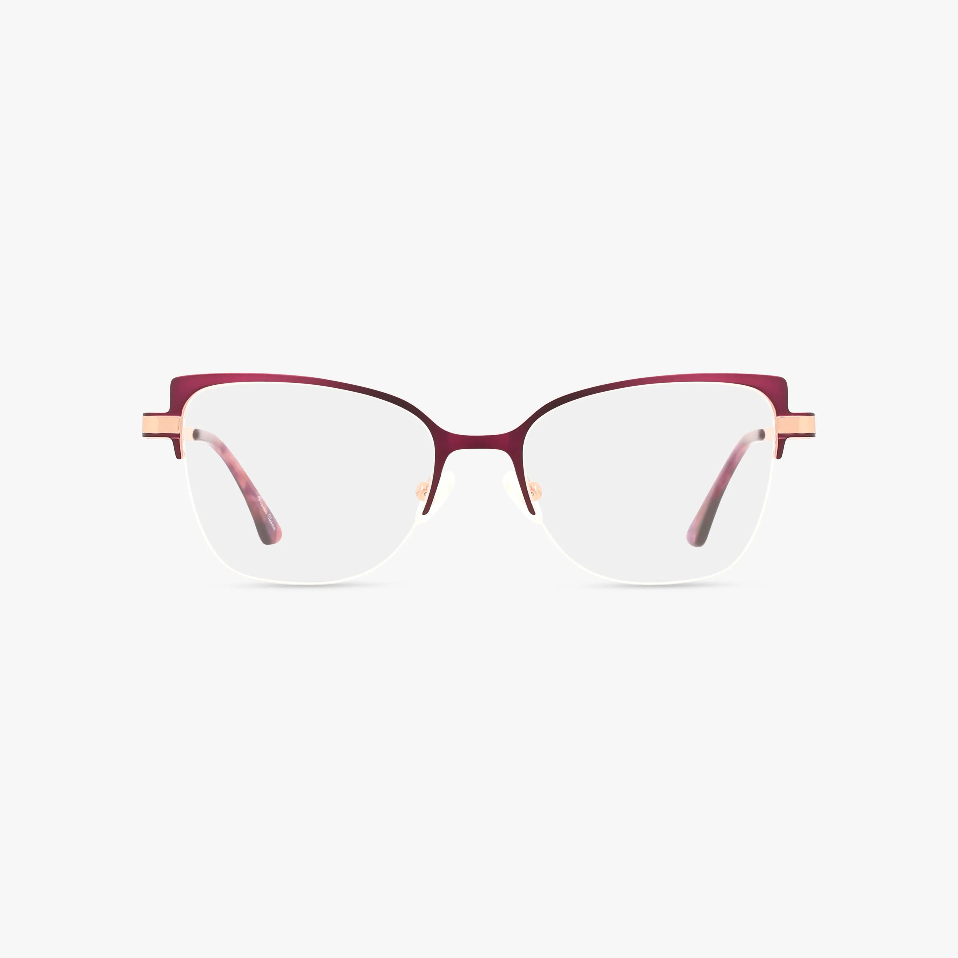 The MICHELE semi-rimless eyeglasses feature a refined frame with a burgundy top, gold hinge accents, and clear lenses, shown on a plain light background.