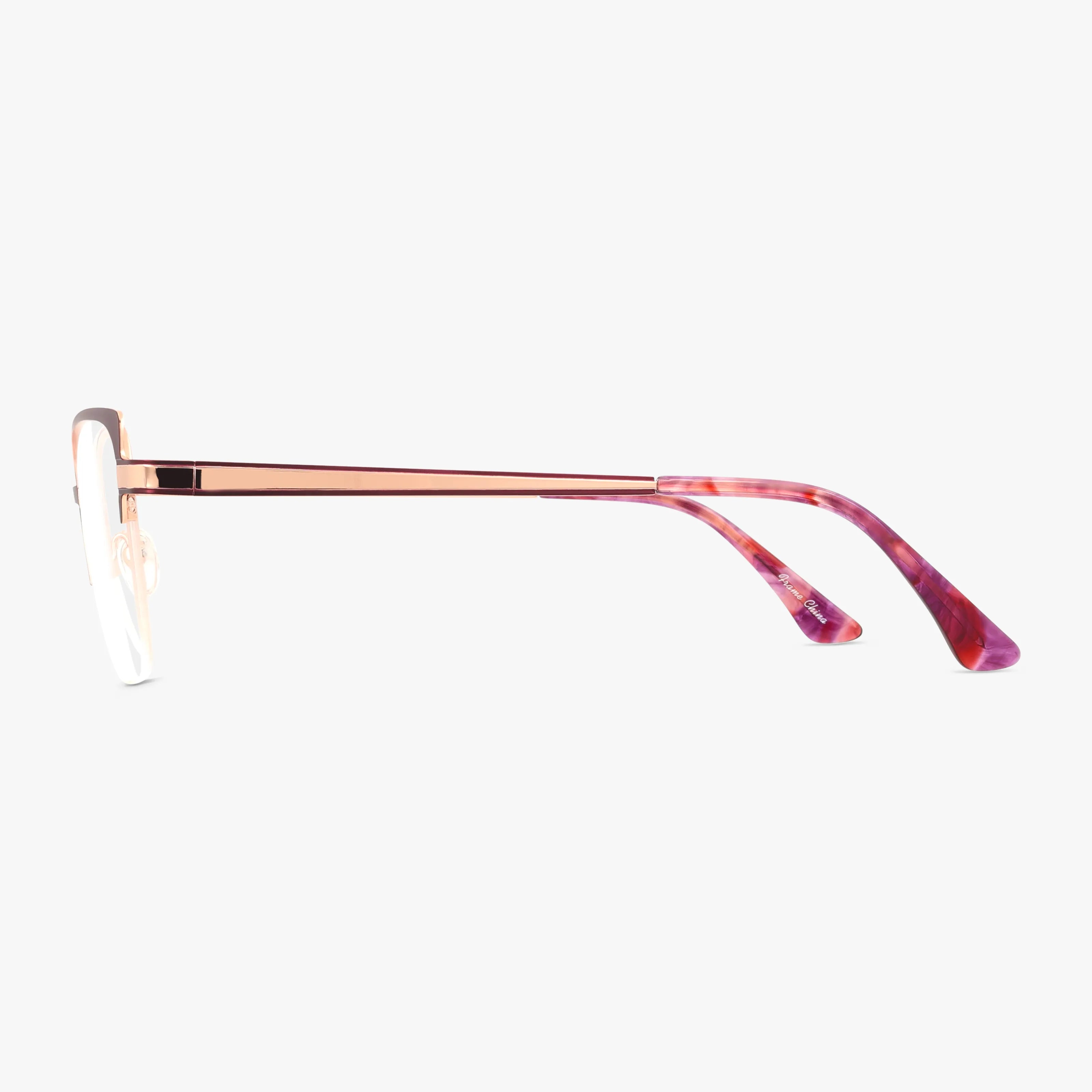 Side view of MICHELE eyeglass frame featuring slim rose gold metal arms and translucent purple-pink marbled temple tips, ideal for progressive lenses, set against a plain white background.