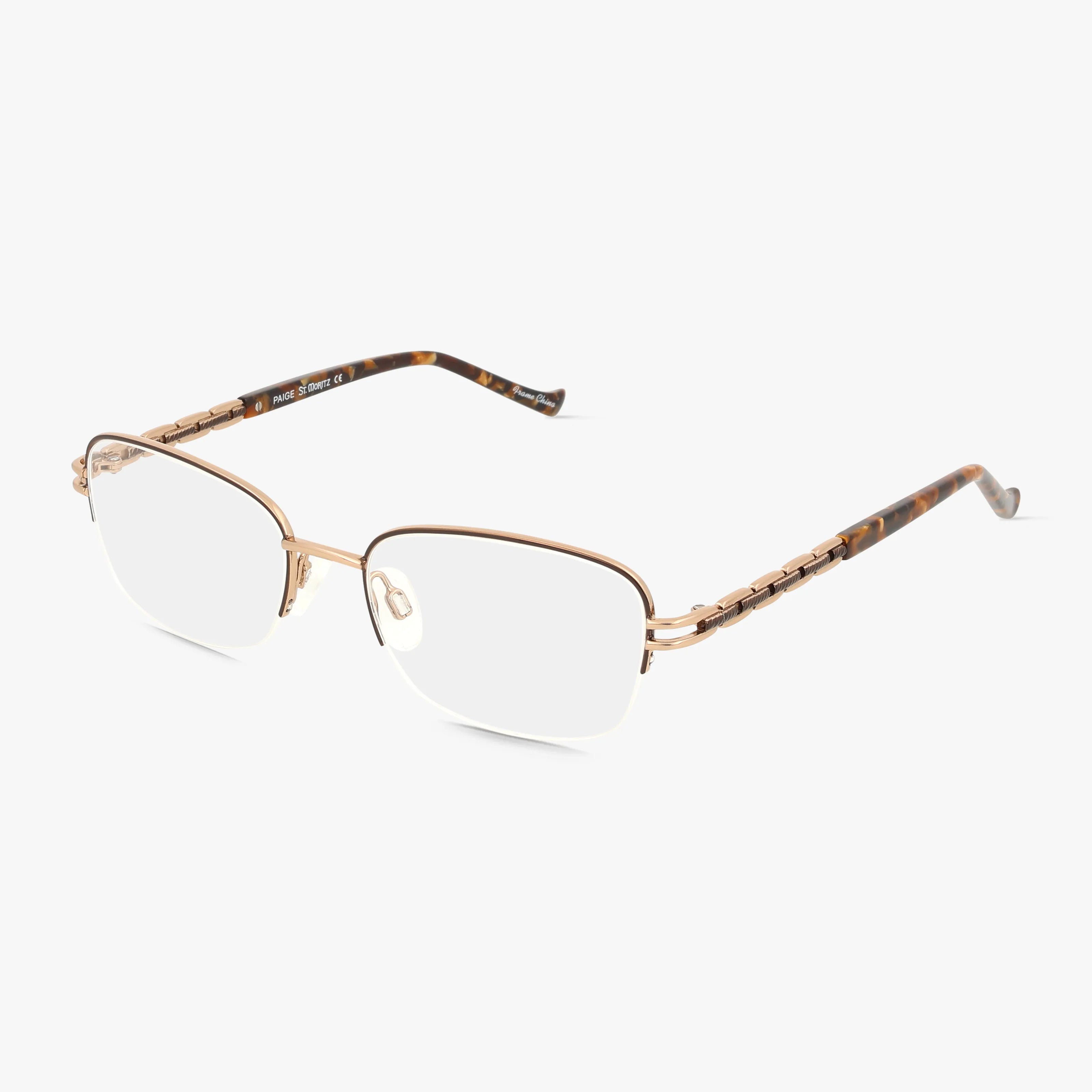 PAIGE rectangular eyeglasses feature thin gold metal rims and patterned brown temple arms, offering a stylish frame for a secure fit, shown against a plain white background.