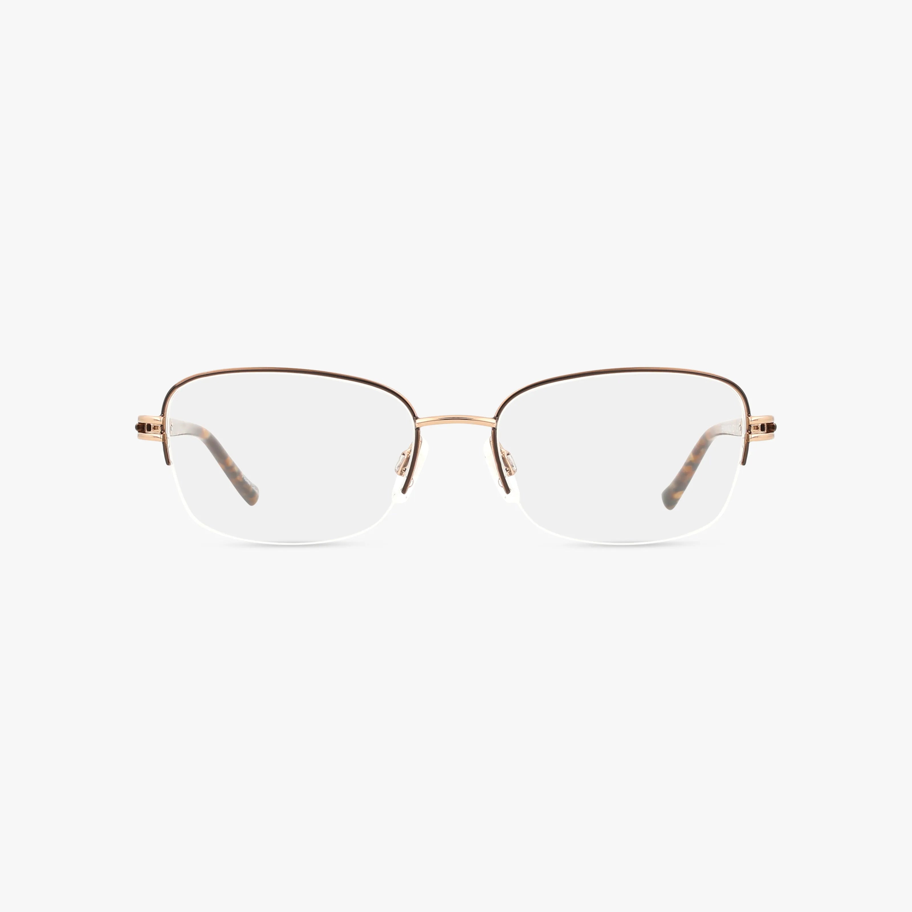 The PAIGE eyeglasses feature a semi-rimless, stylish gold metal frame with rectangular clear lenses for a secure fit, displayed on a plain white background.