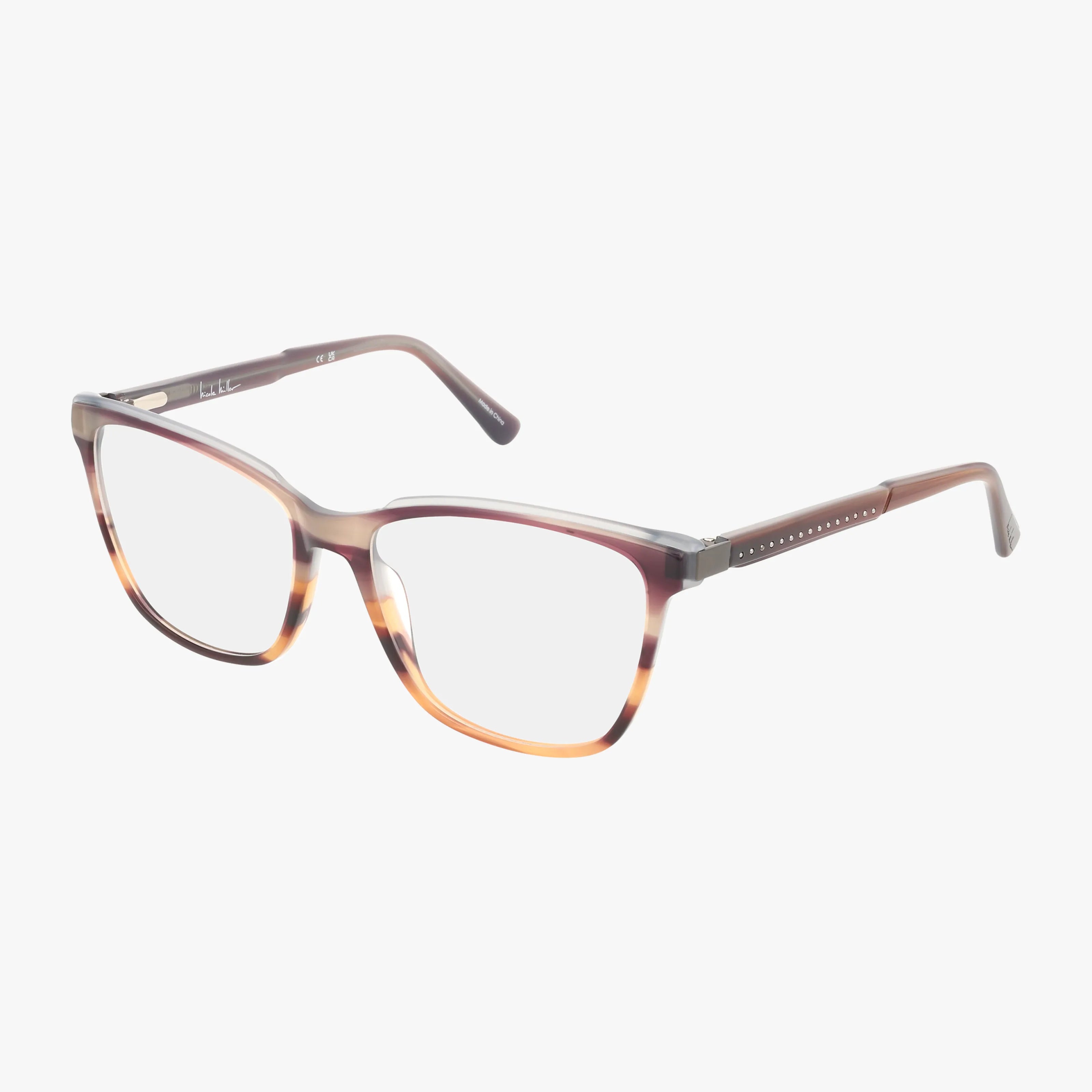 EDEN ROC rectangular eyeglasses feature brown and amber tortoiseshell frames with clear lenses, metallic dotted accents on the temples near the hinges, and are displayed on a white background.