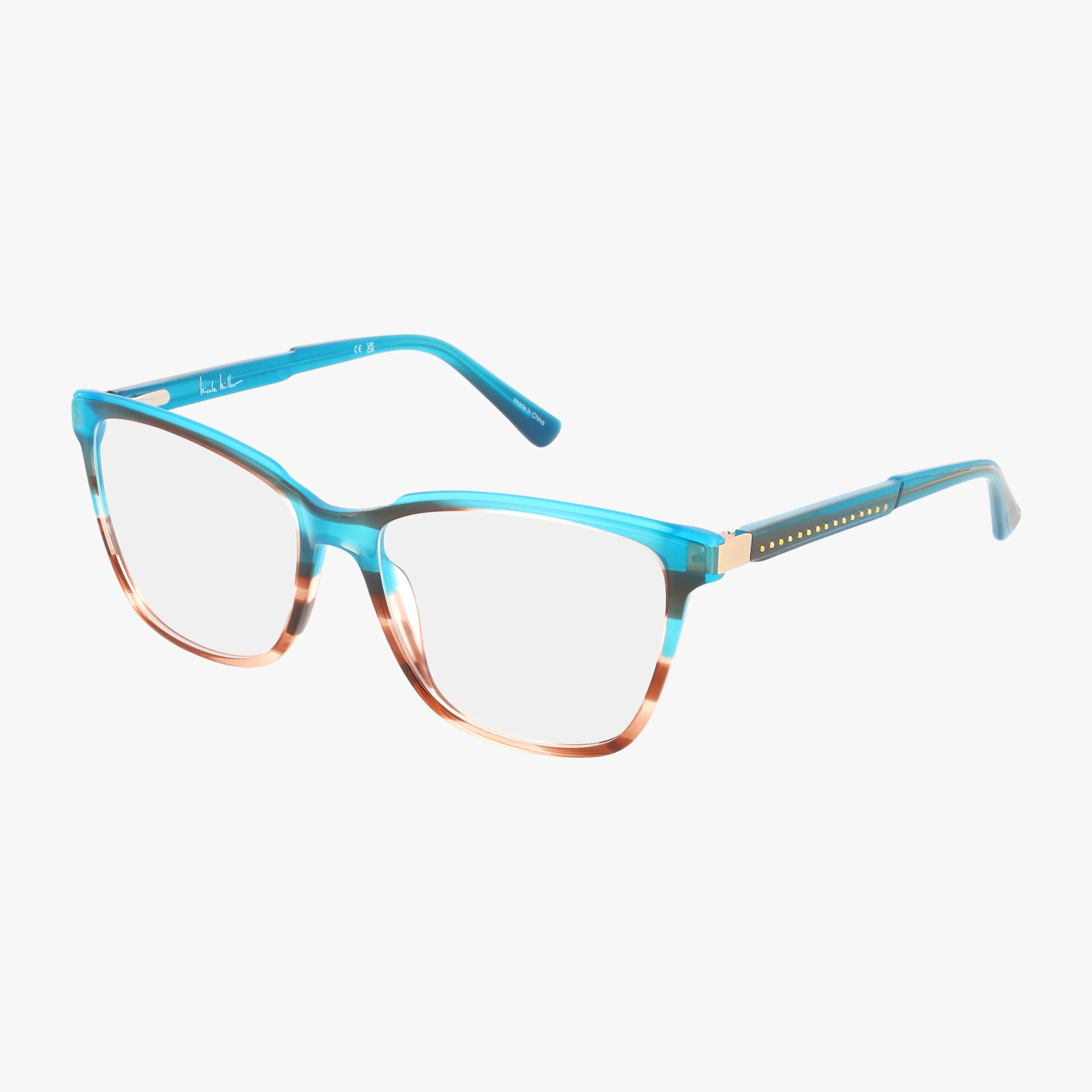The EDEN ROC eyeglasses feature rectangular lenses and a two-tone frame: blue on the top and temples, fading to peachy-pink at the bottom. Gold accents and small dotted details adorn the temples.