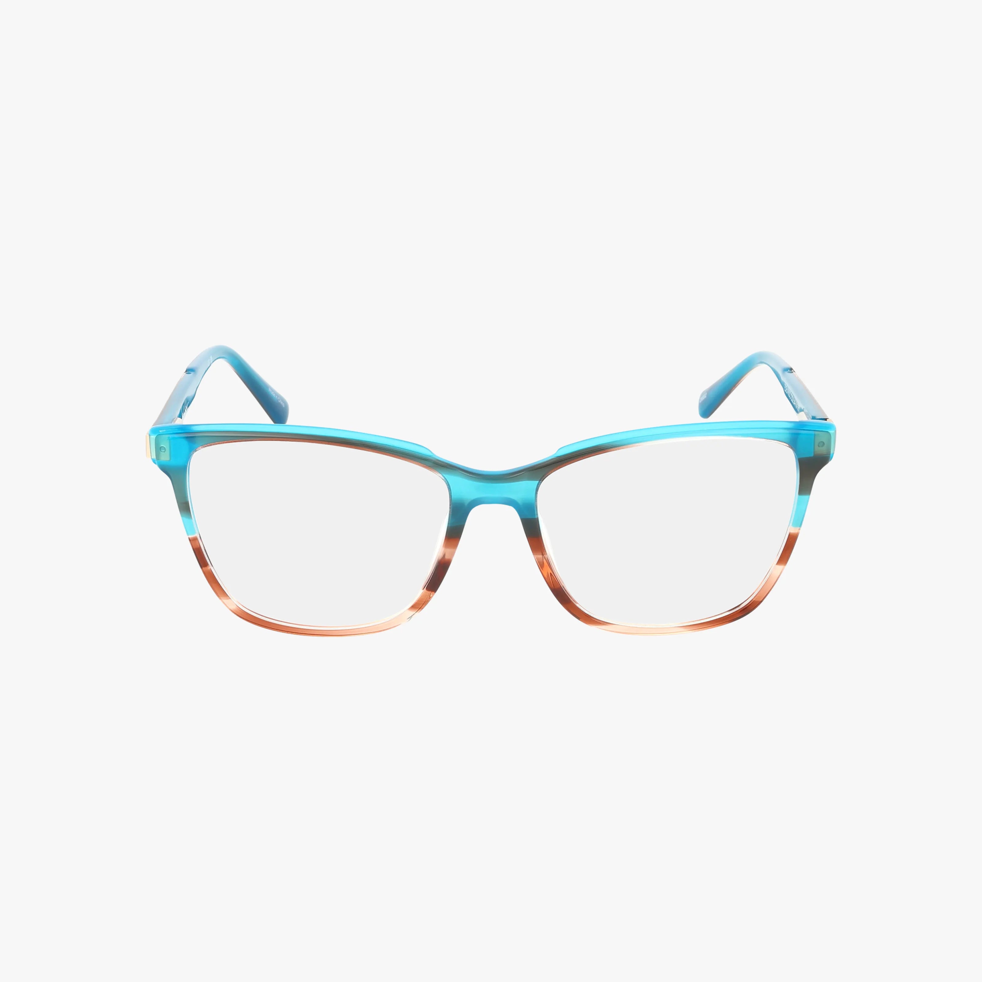 The EDEN ROC eyeglasses feature rectangular frames in blue that fade to translucent peach at the bottom, displayed on a plain white background.