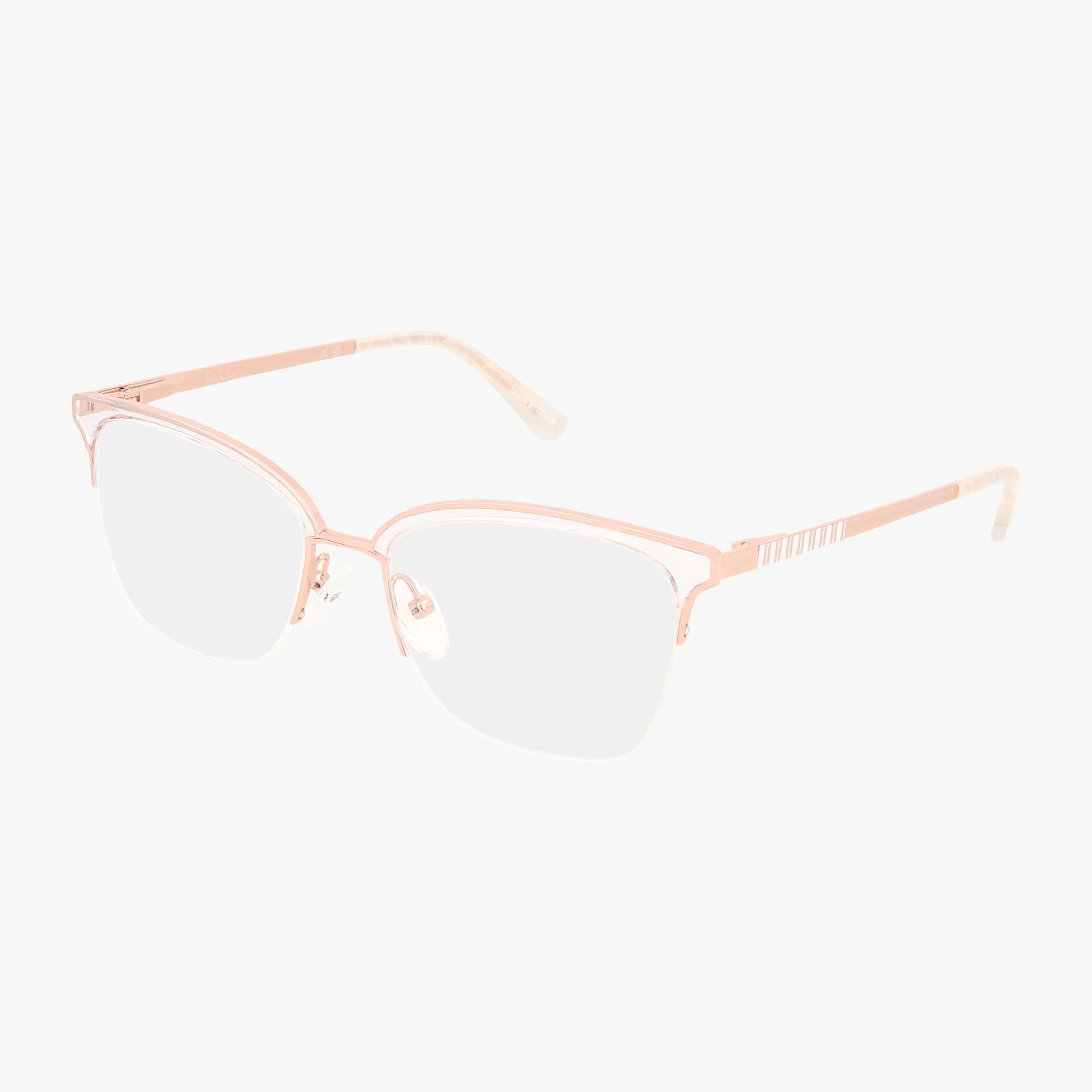 CANNES square eyeglasses feature thin, pale pink metal frames and clear lenses, shown on a white background.