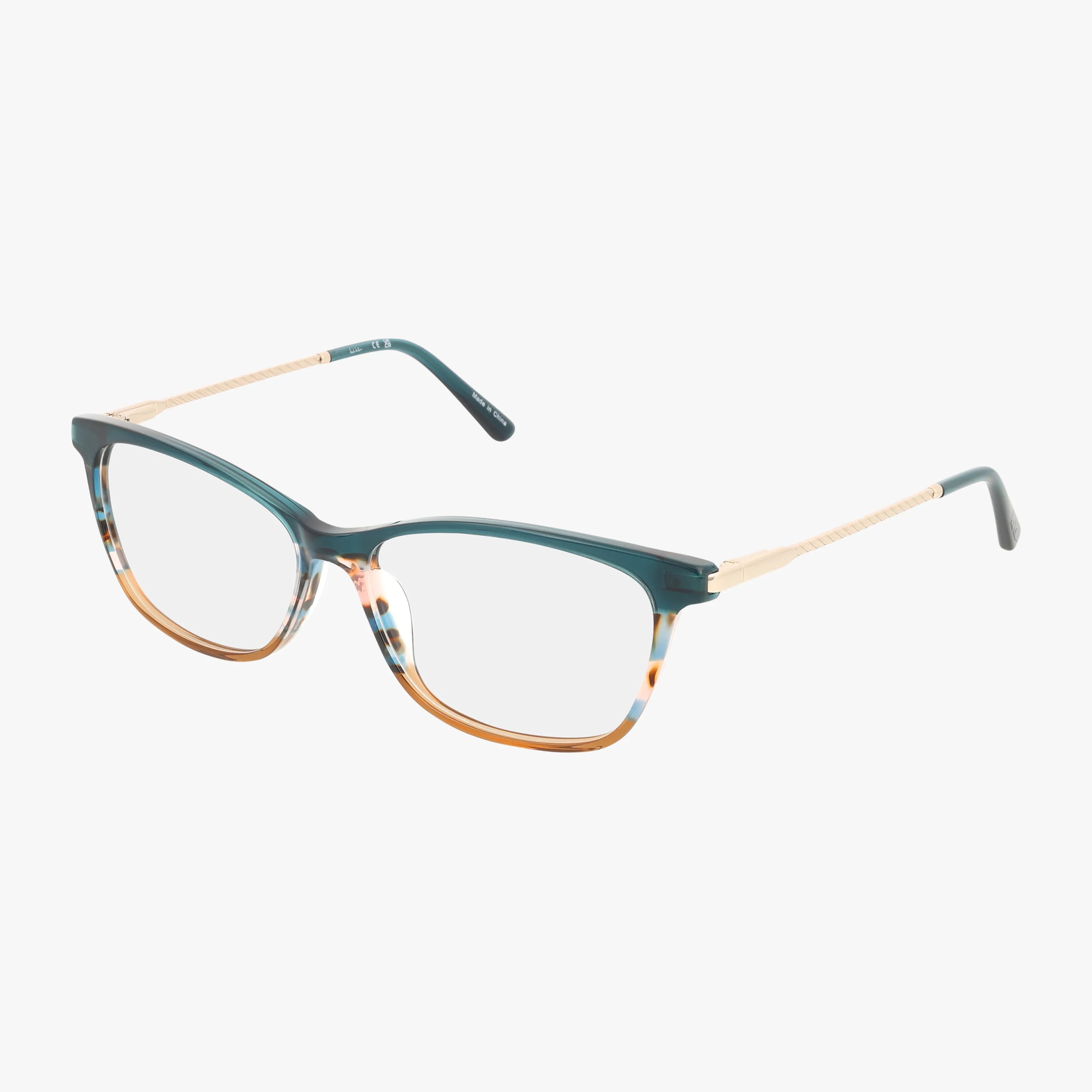 The BARNELL eyeglasses feature rectangular frames with teal uppers, gold arms, and translucent lowers blending amber, teal, and clear tones.