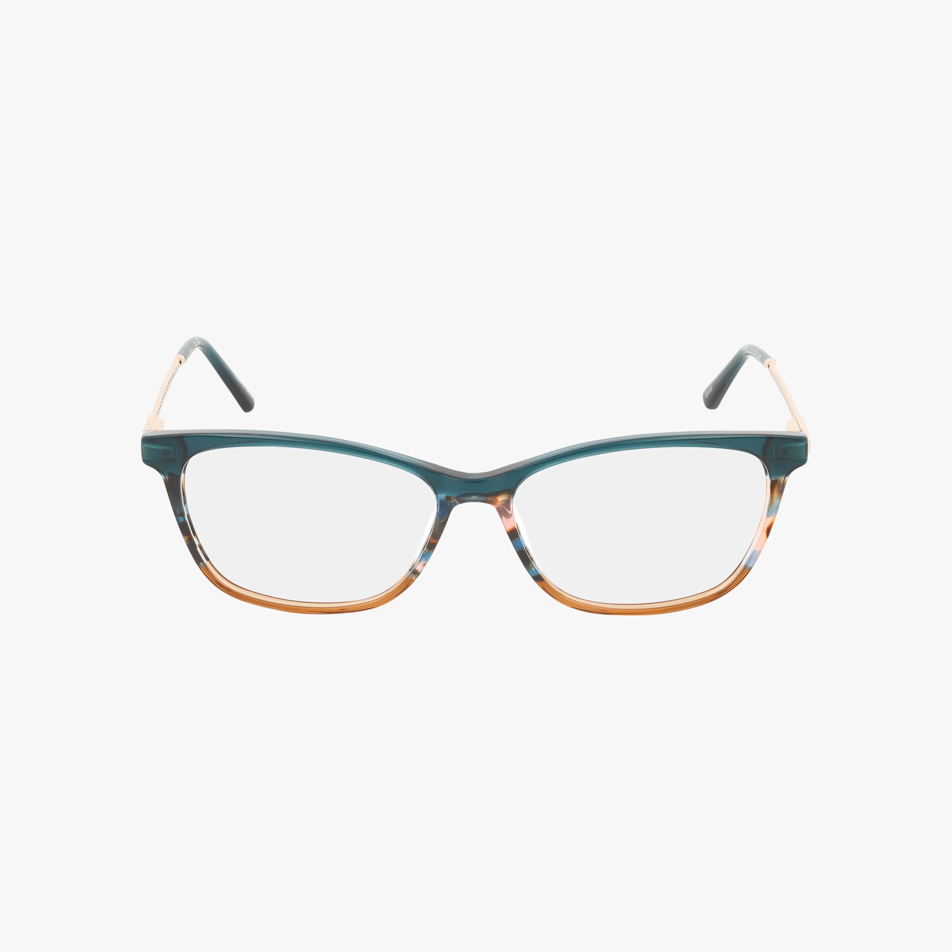 BARNELL eyeglasses feature rectangular frames with a teal blue upper half and light brown lower half, plus pale temples with dark tips. Displayed on a plain white background.