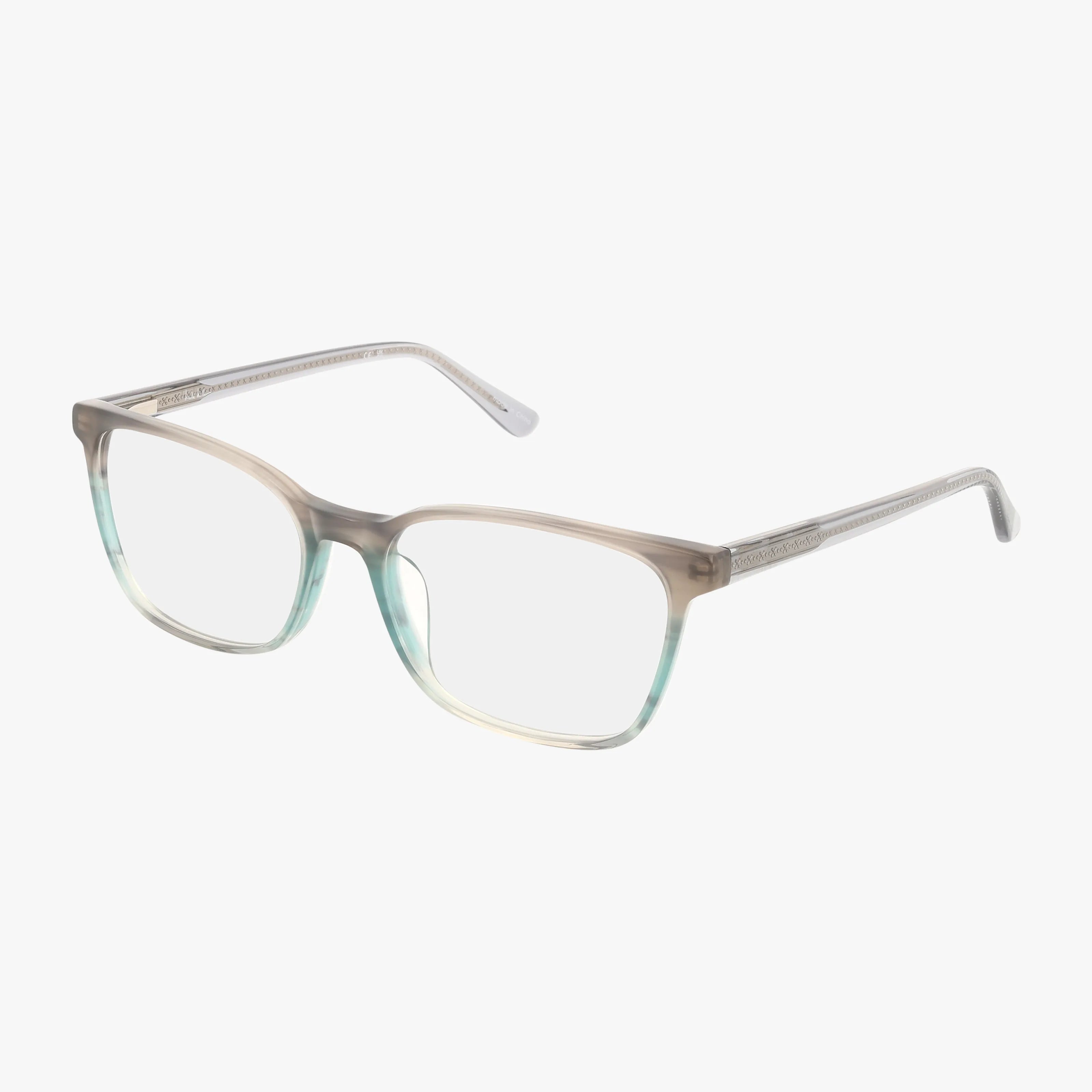 CYPRUS rectangular eyeglasses with clear lenses and a translucent frame that fades from light brown at the top to pale green at the bottom, displayed on a white background.
