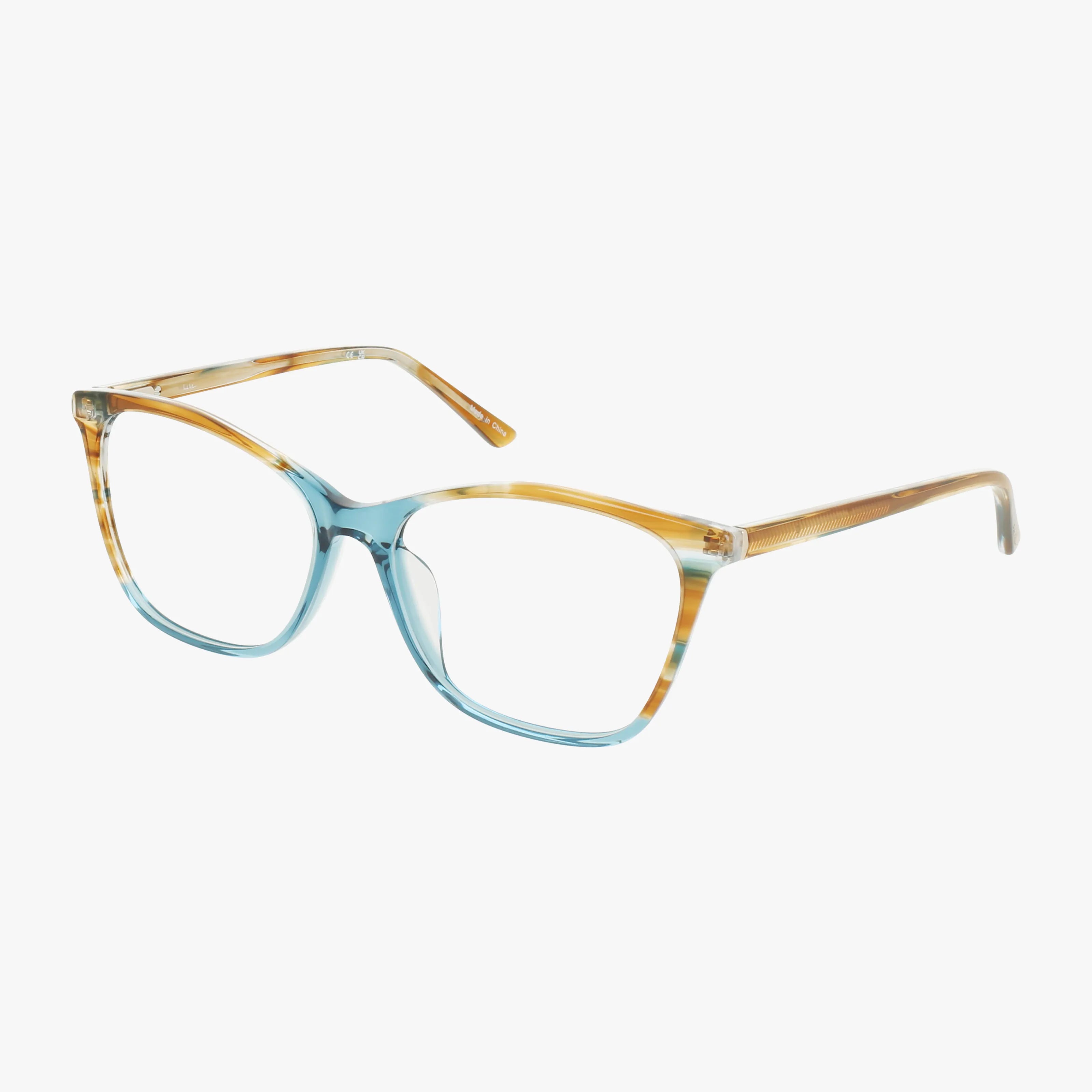HERMITAGE glasses feature a square frame with a gradient color design that transitions from light blue at the front to tan brown at the temples, displayed on a white background.