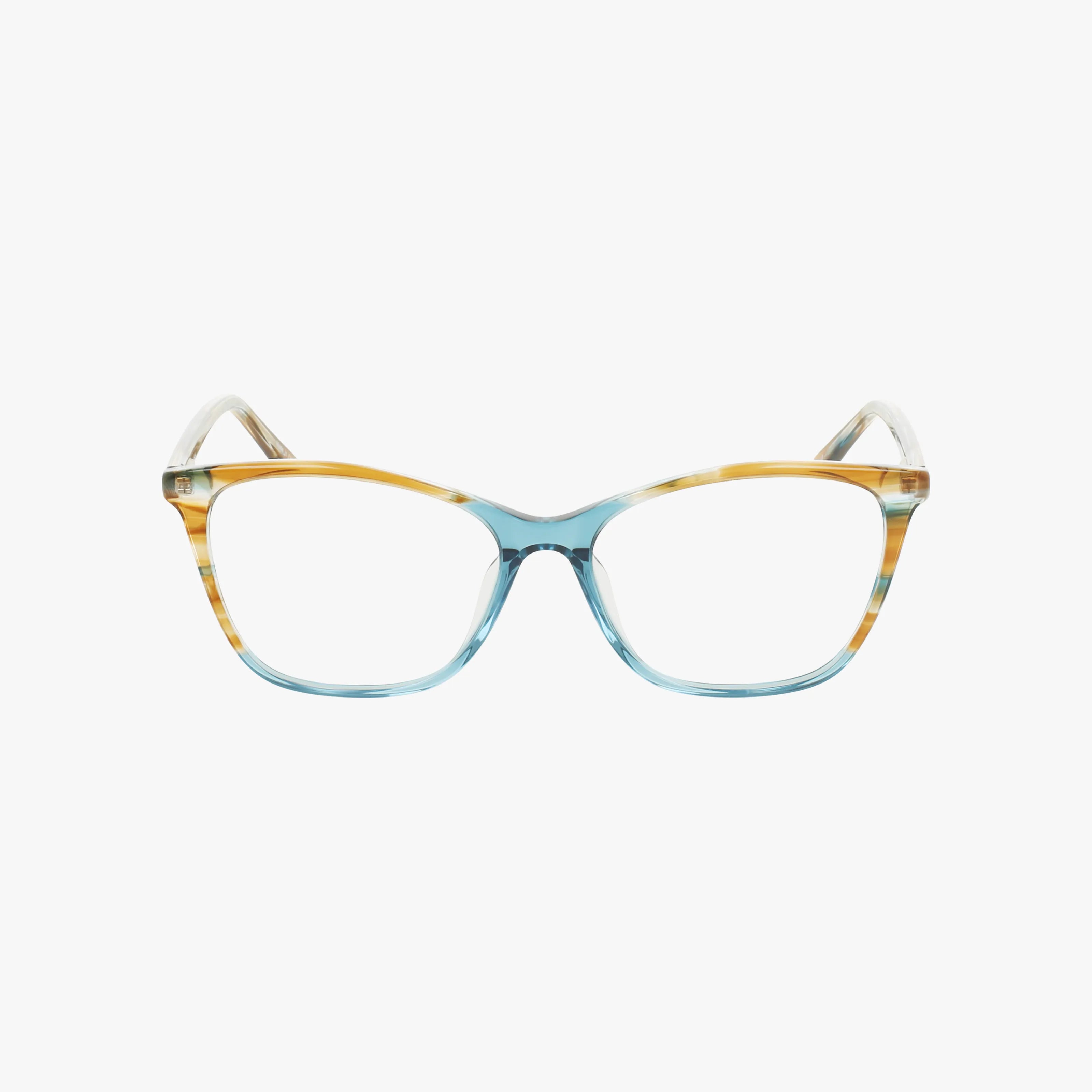 HERMITAGE cat-eye eyeglasses with a blue and amber striped frame, shown from the front on a white background.