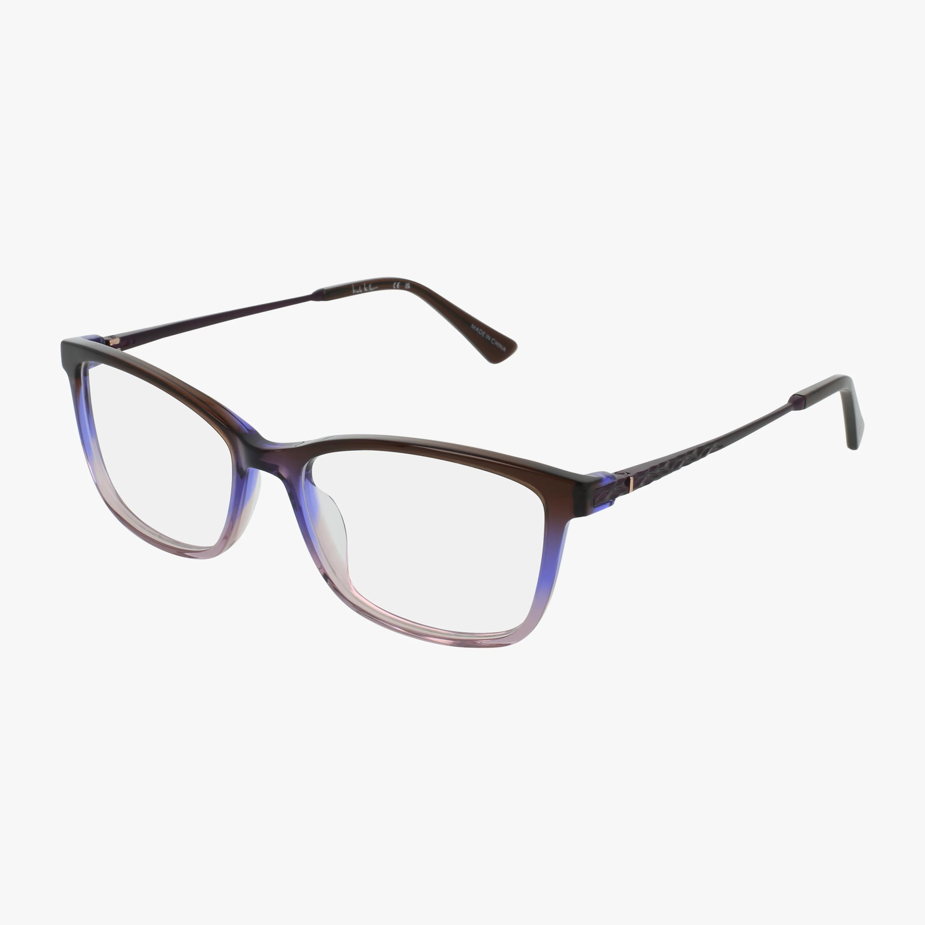 METRO rectangular eyeglasses with clear lenses and a dark brown-to-light purple gradient frame, displayed on a white background.
