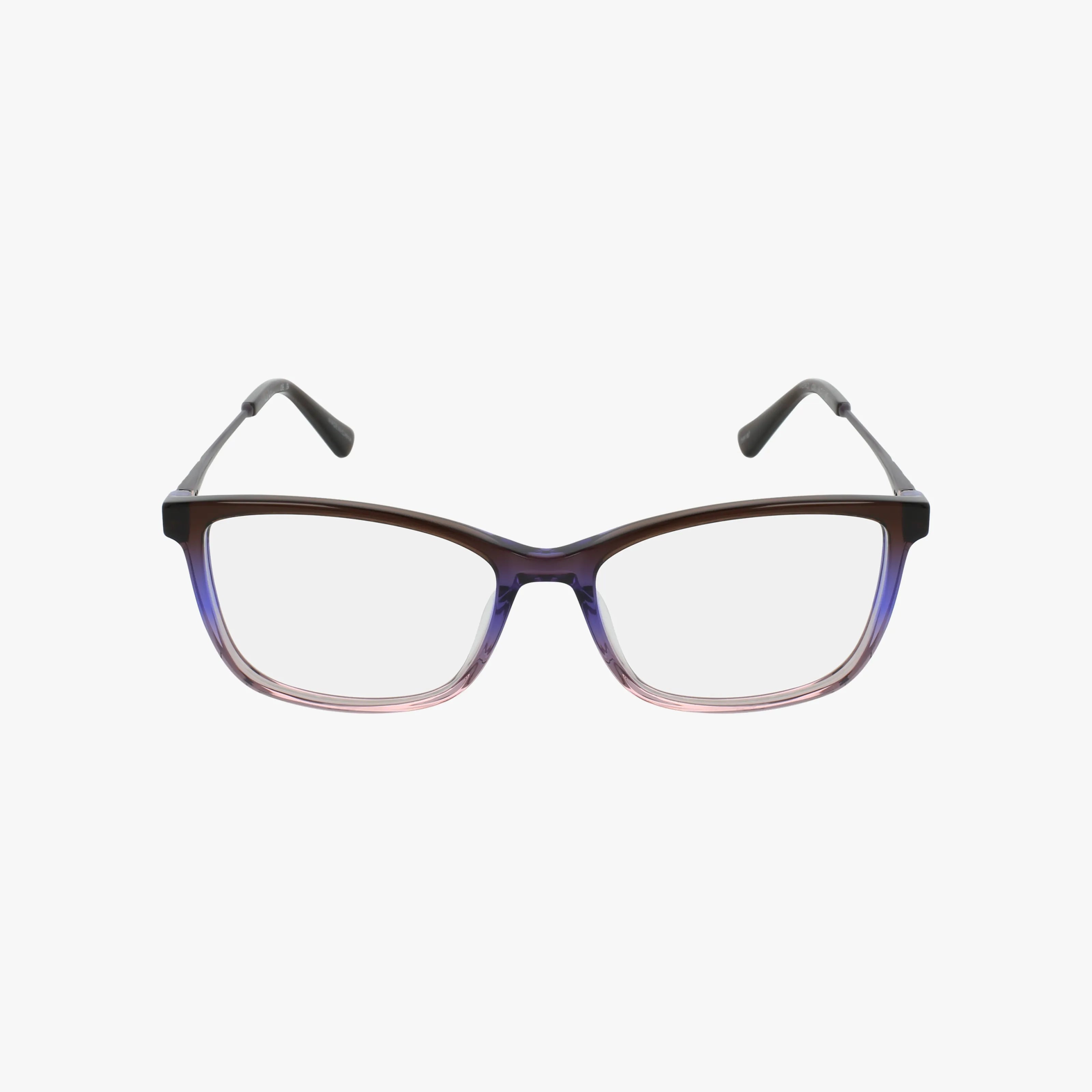The METRO eyeglasses feature rectangular, slightly cat-eye frames that blend from dark brown at the top to light pink at the bottom, displayed on a plain white background.
