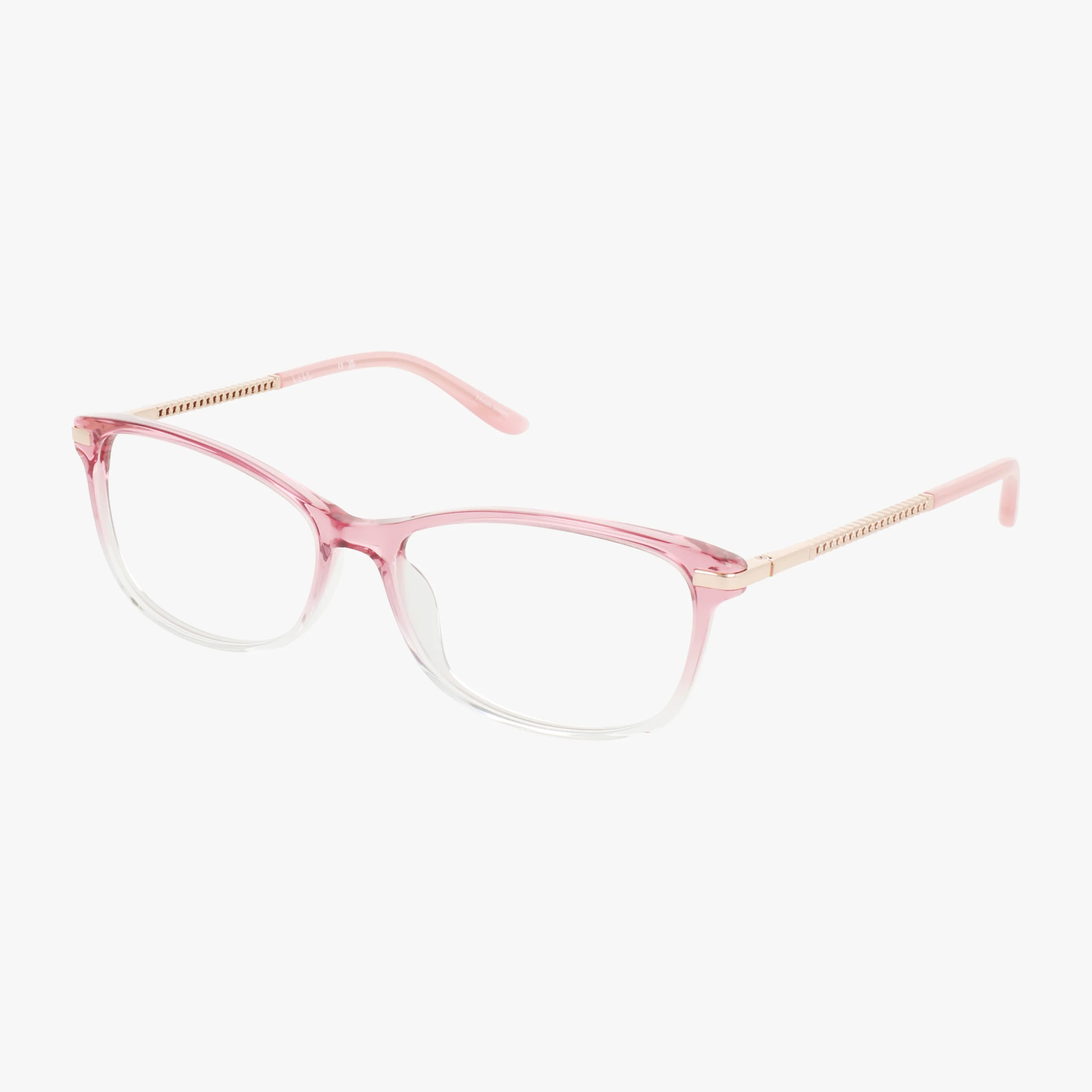 The LOMBARDY eyeglasses feature pink, semi-transparent rectangular lenses with gold accents on the arms, shown on a white background.