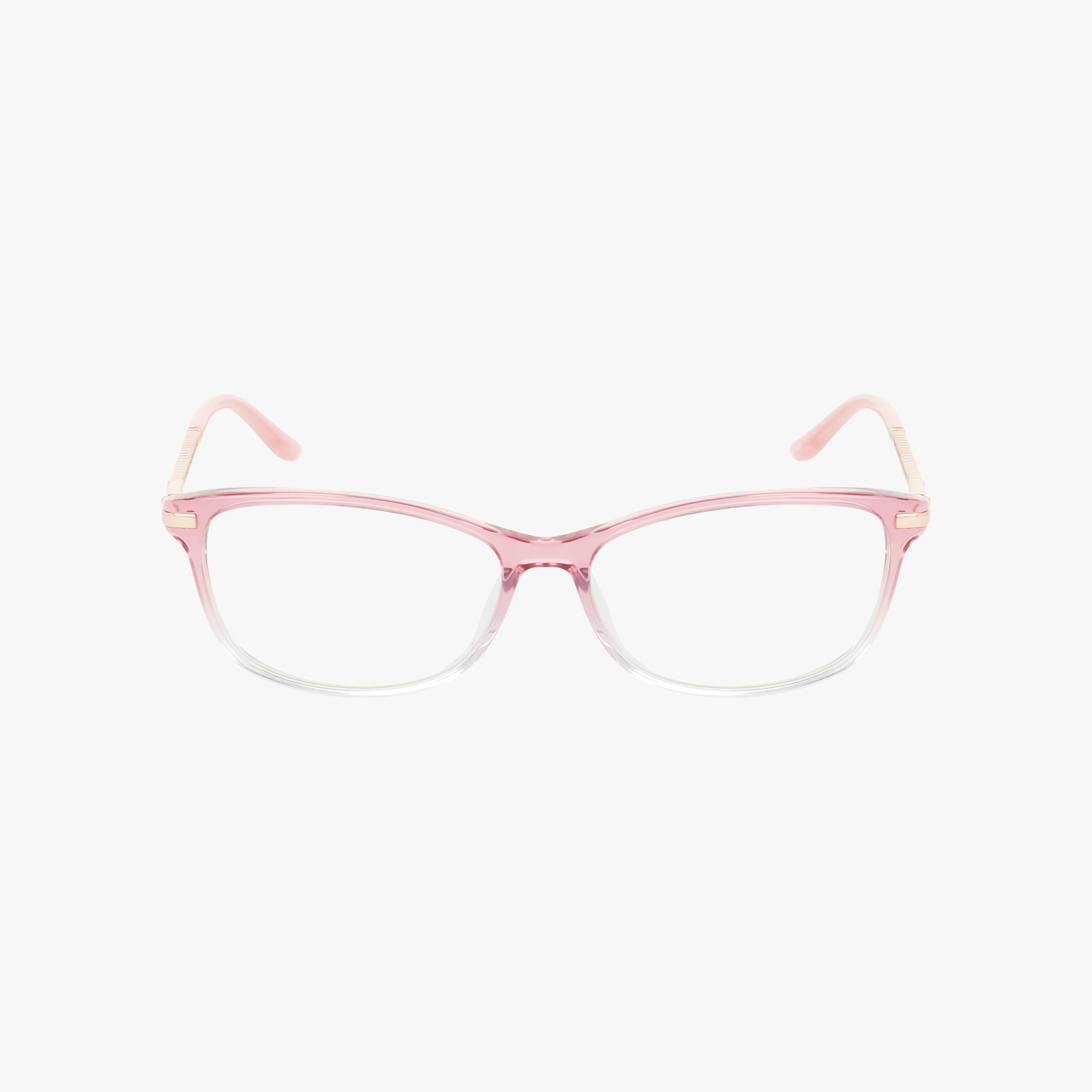 The LOMBARDY eyeglasses feature a pink and clear gradient with rectangular frames, gold accents by the hinges, and clear lenses, shown against a plain white background.