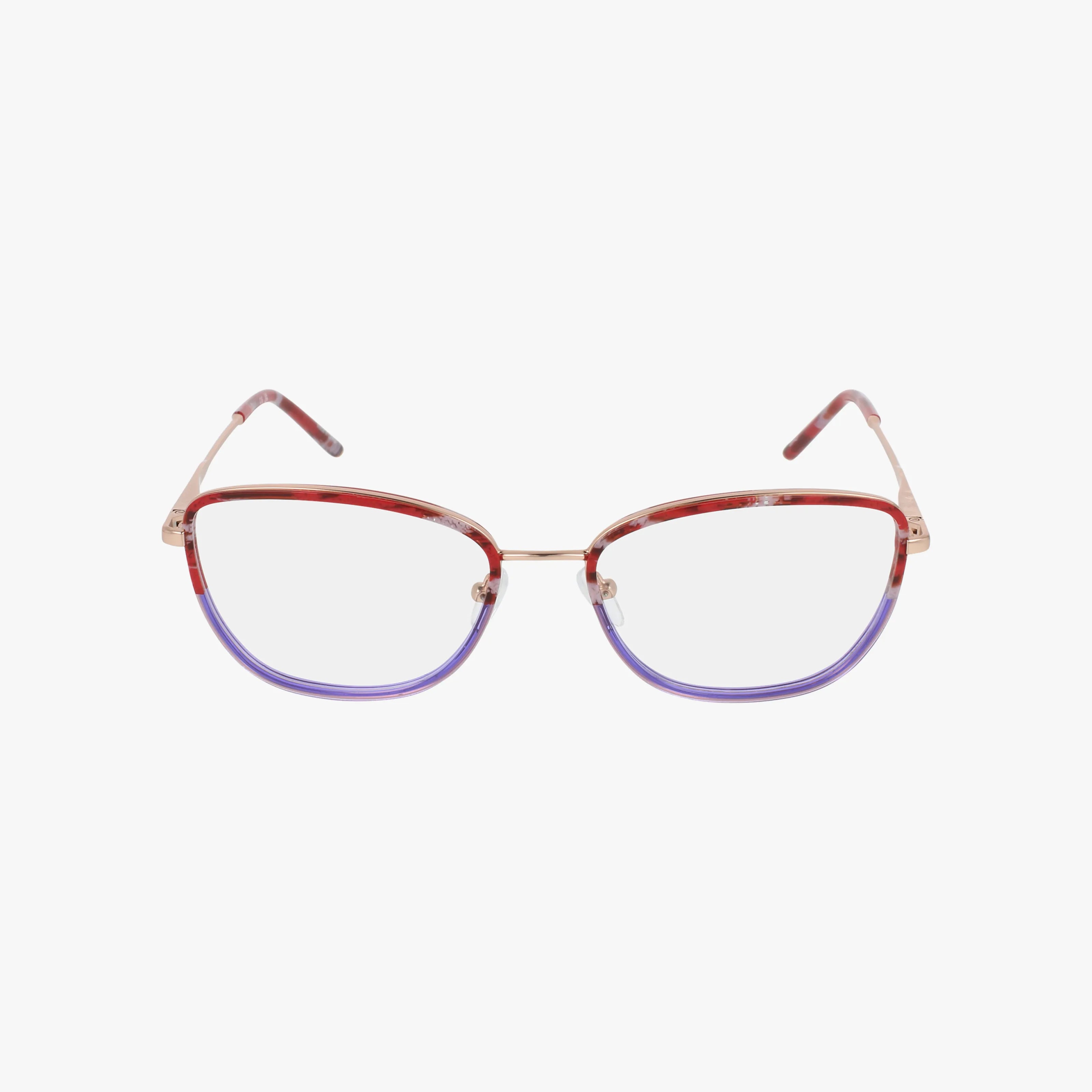 The TORINO eyeglasses feature a metal frame with a gradient design, blending red at the top into purple at the bottom, shown on a white background.