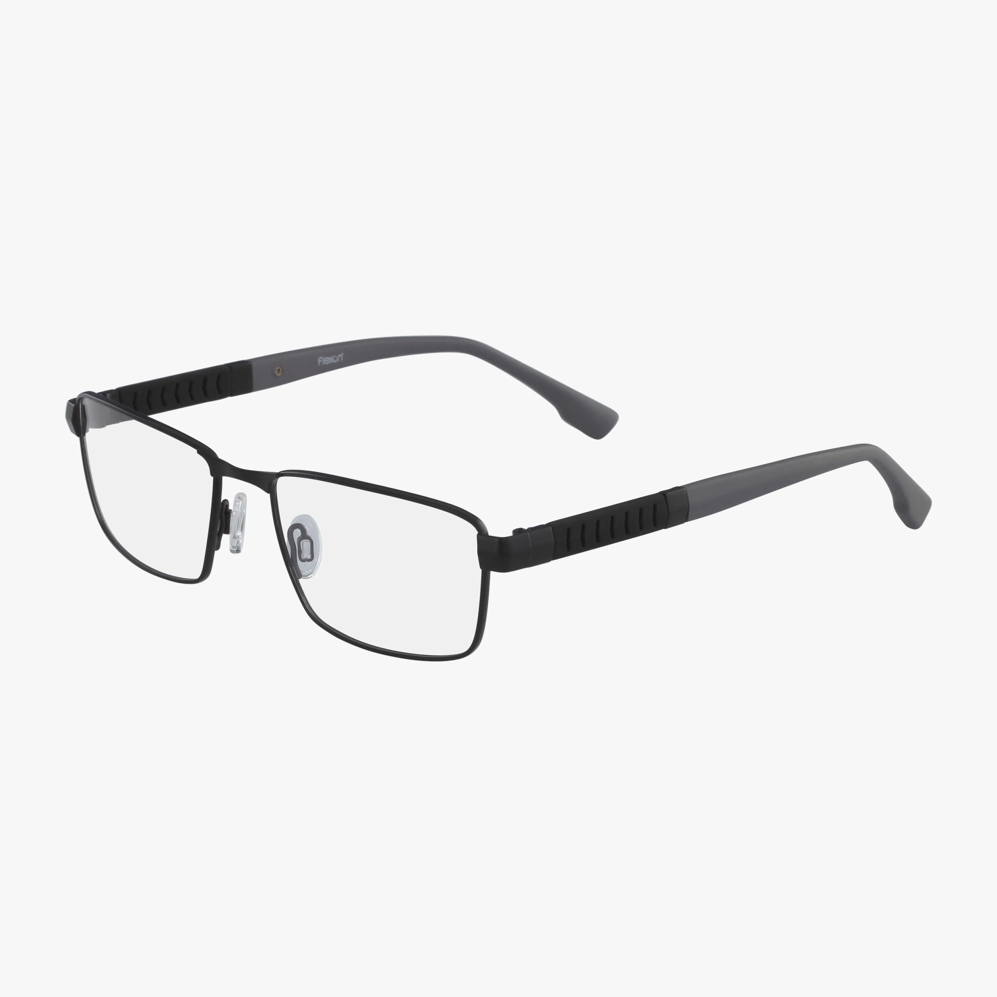 The E1111 features black rectangular thin metal frames, clear blue light lenses, adjustable nose pads, and textured black temple arms—modern classic eyewear displayed on a white background.