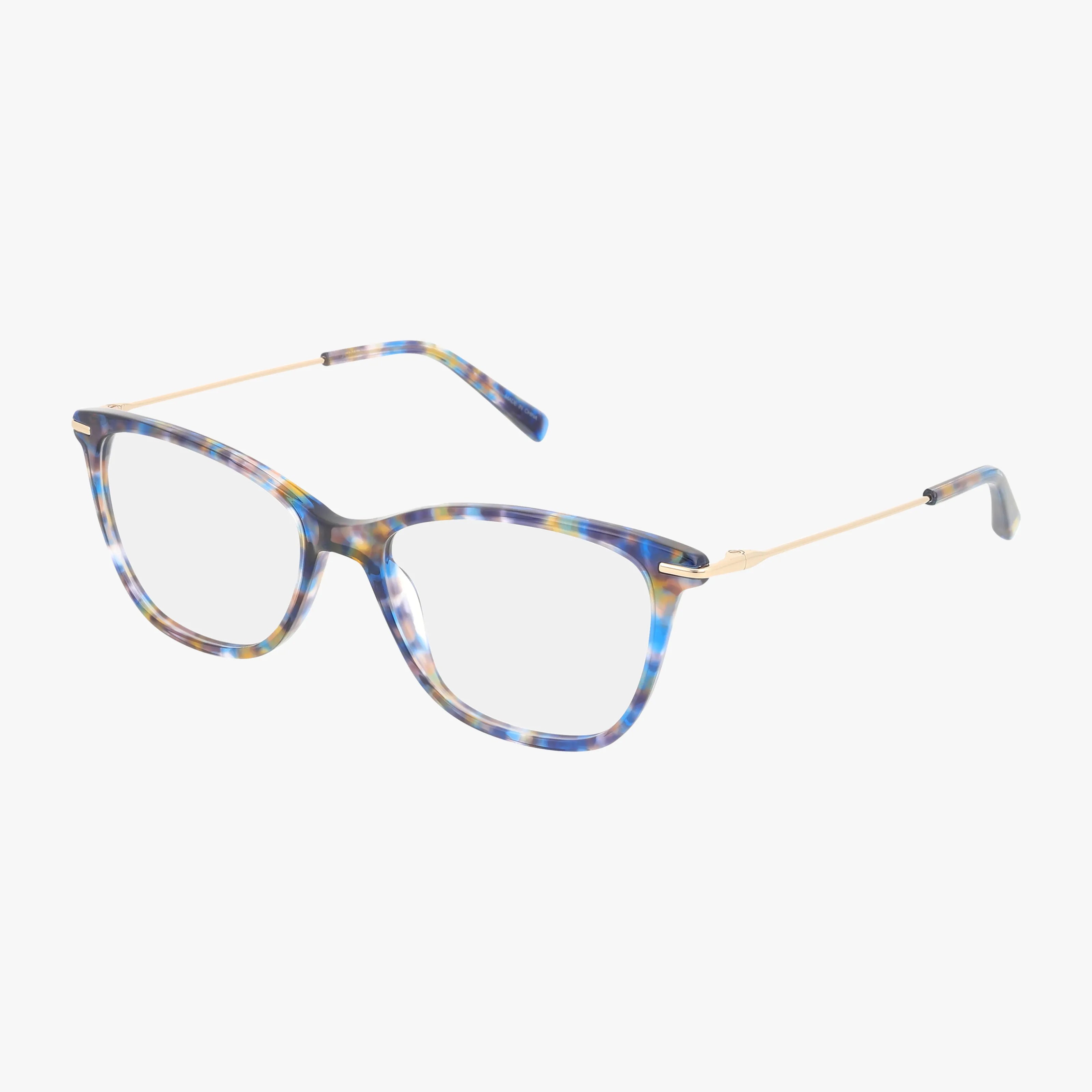 The J775 eyeglasses feature a blue and gold cat-eye design with thin gold arms, multicolored blue tortoiseshell frames, and a minimalist style. Available with prescription lenses, shown on a white background.