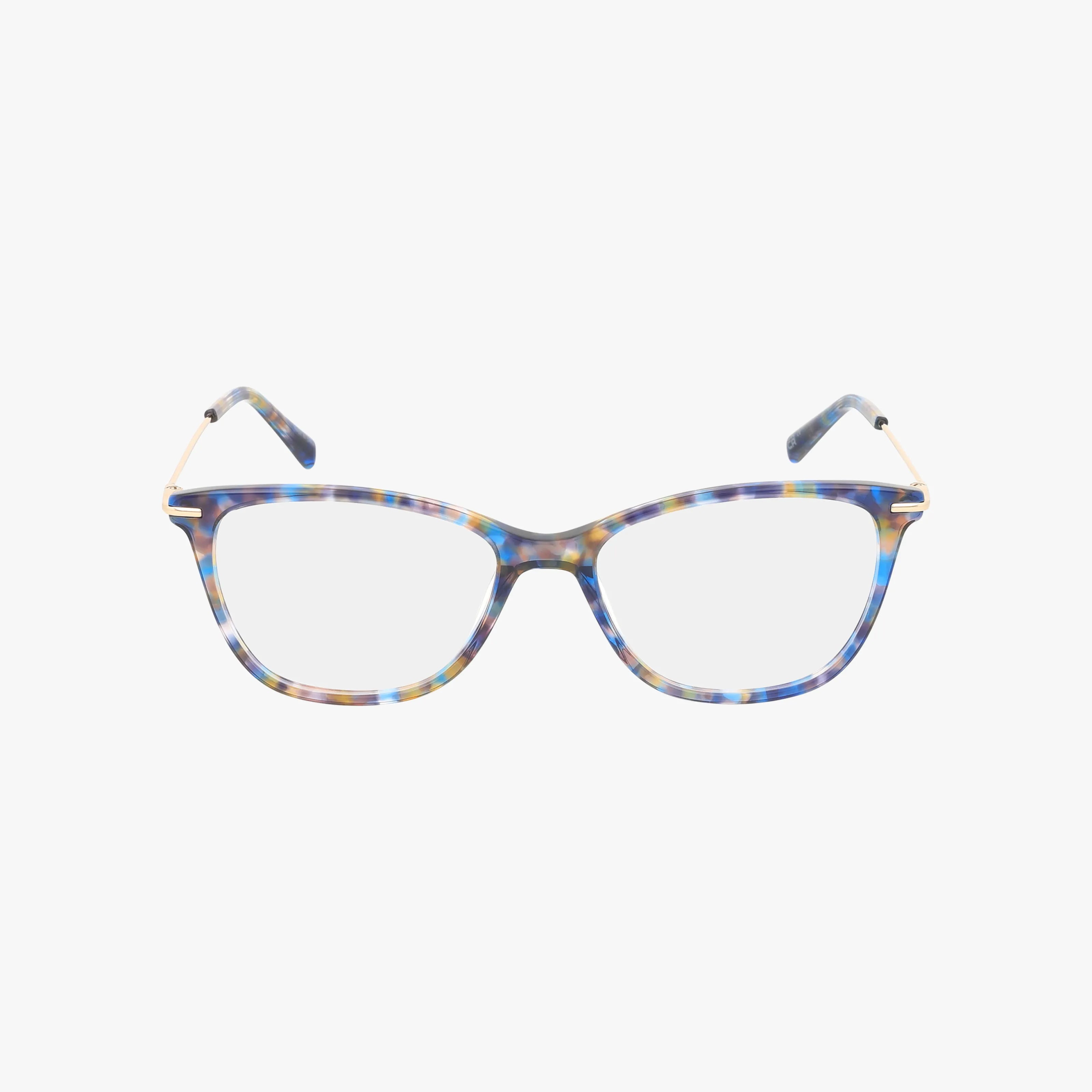 The J775 cat-eye eyeglasses feature clear prescription lenses and a modern, durable frame in a colorful mottled blue, yellow, and white design, displayed against a plain white background.